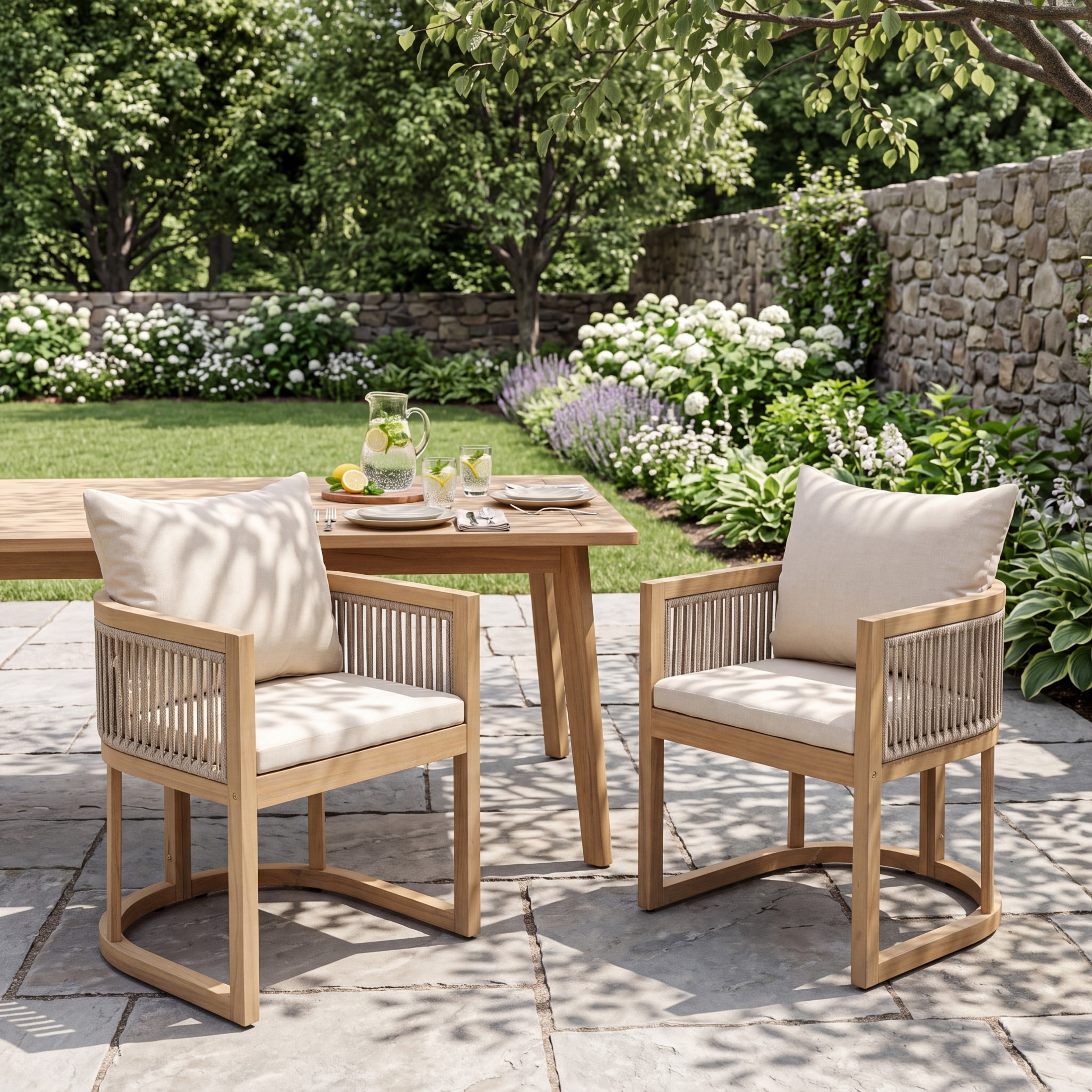 Christopher Knight Home Acacia Wood Outdoor Dining Chair with Cushions, Curved Shape, Light Teak+Beige, Set of 2