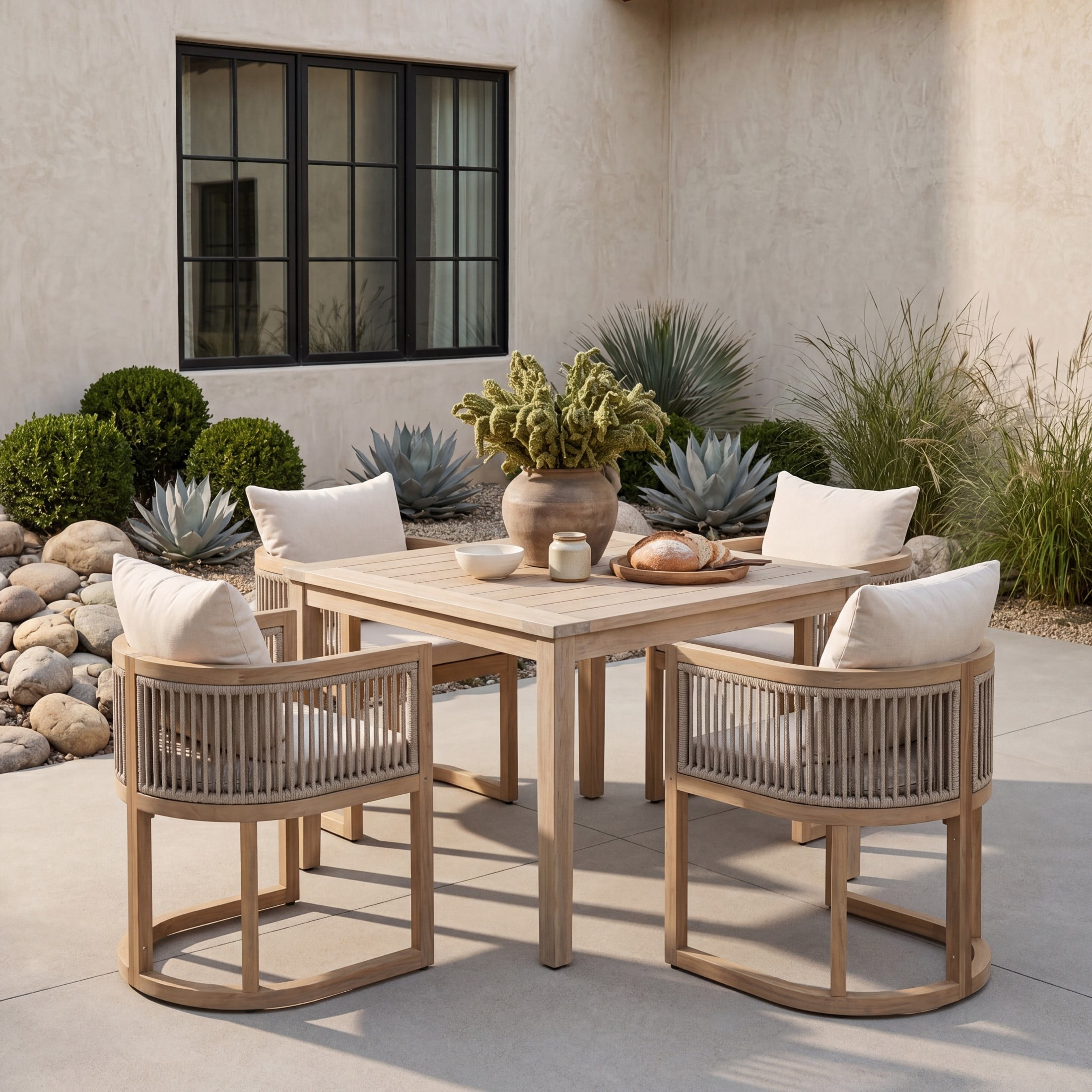 Christopher Knight Home Acacia Wood Outdoor Dining Chair with Cushions, Curved Shape, Light Teak+Beige, Set of 4