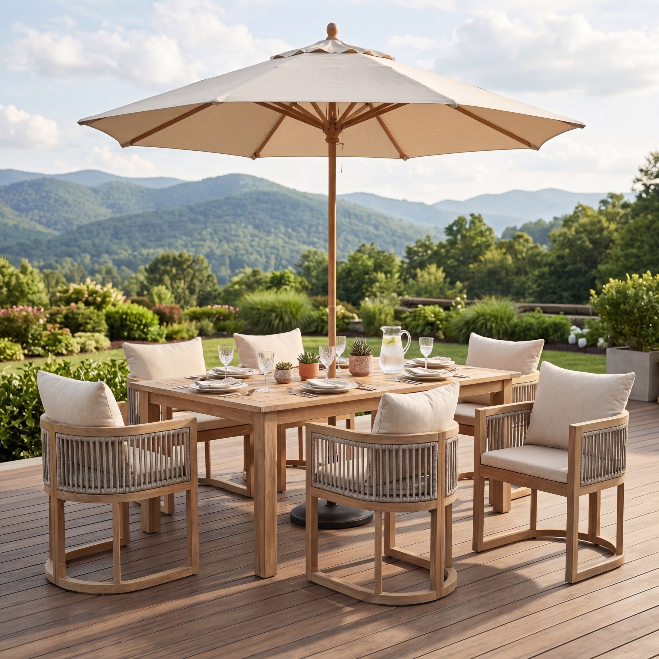Christopher Knight Home Acacia Wood Outdoor Dining Chair with Cushions, Curved Shape, Light Teak+Beige, Set of 6