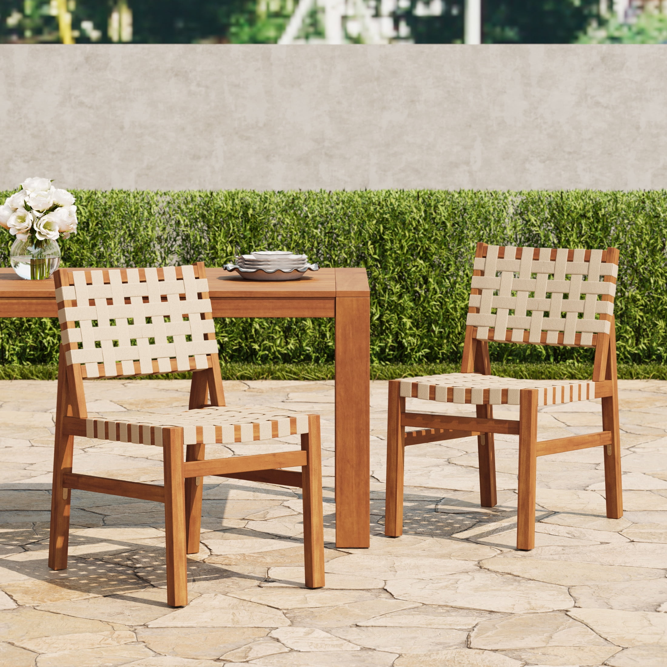 Christopher Knight Home Acacia Wood Outdoor Dining Chair with Woven Rope, Teak+Beige, Set of 2
