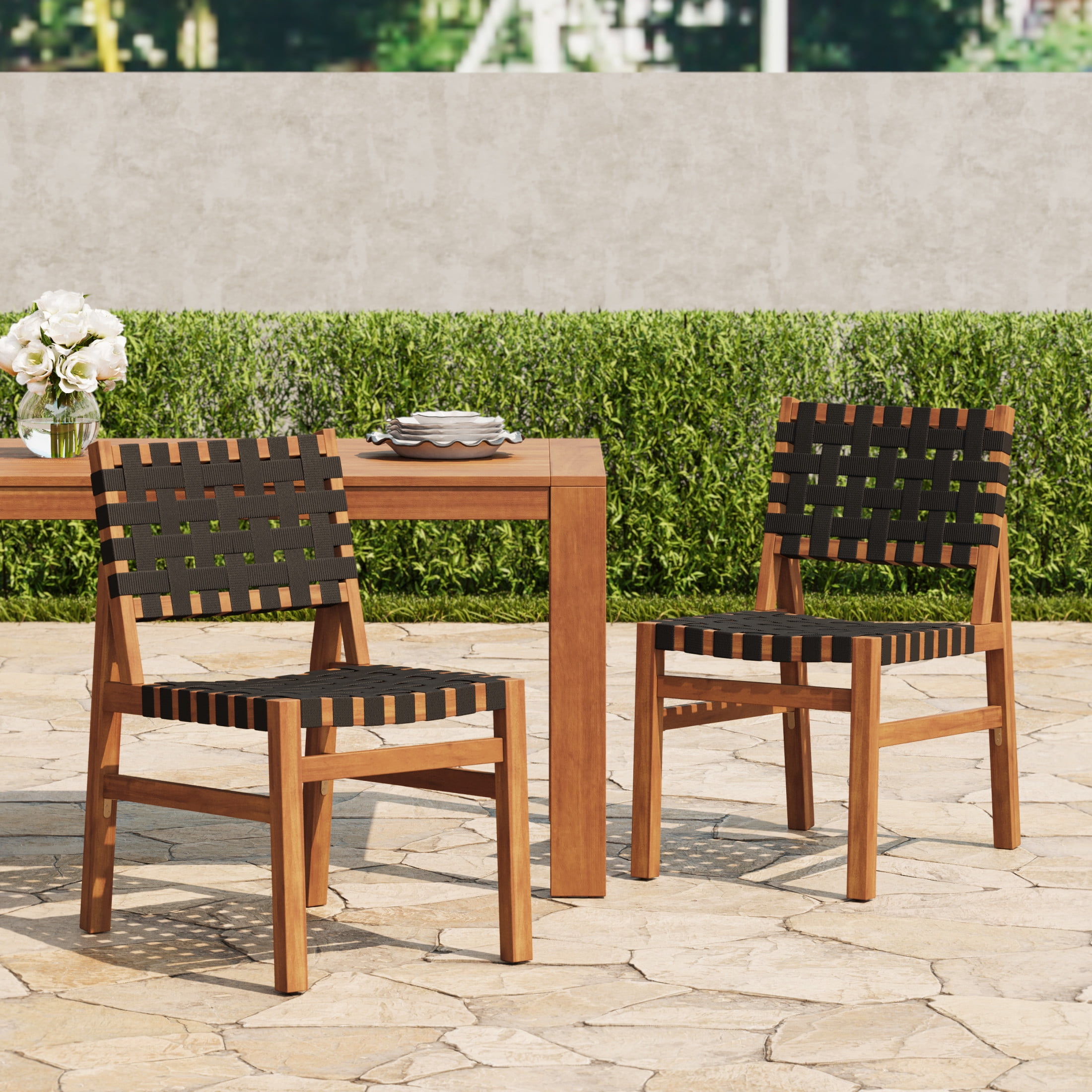 Christopher Knight Home Acacia Wood Outdoor Dining Chair with Woven Rope, Teak+Black, Set of 2