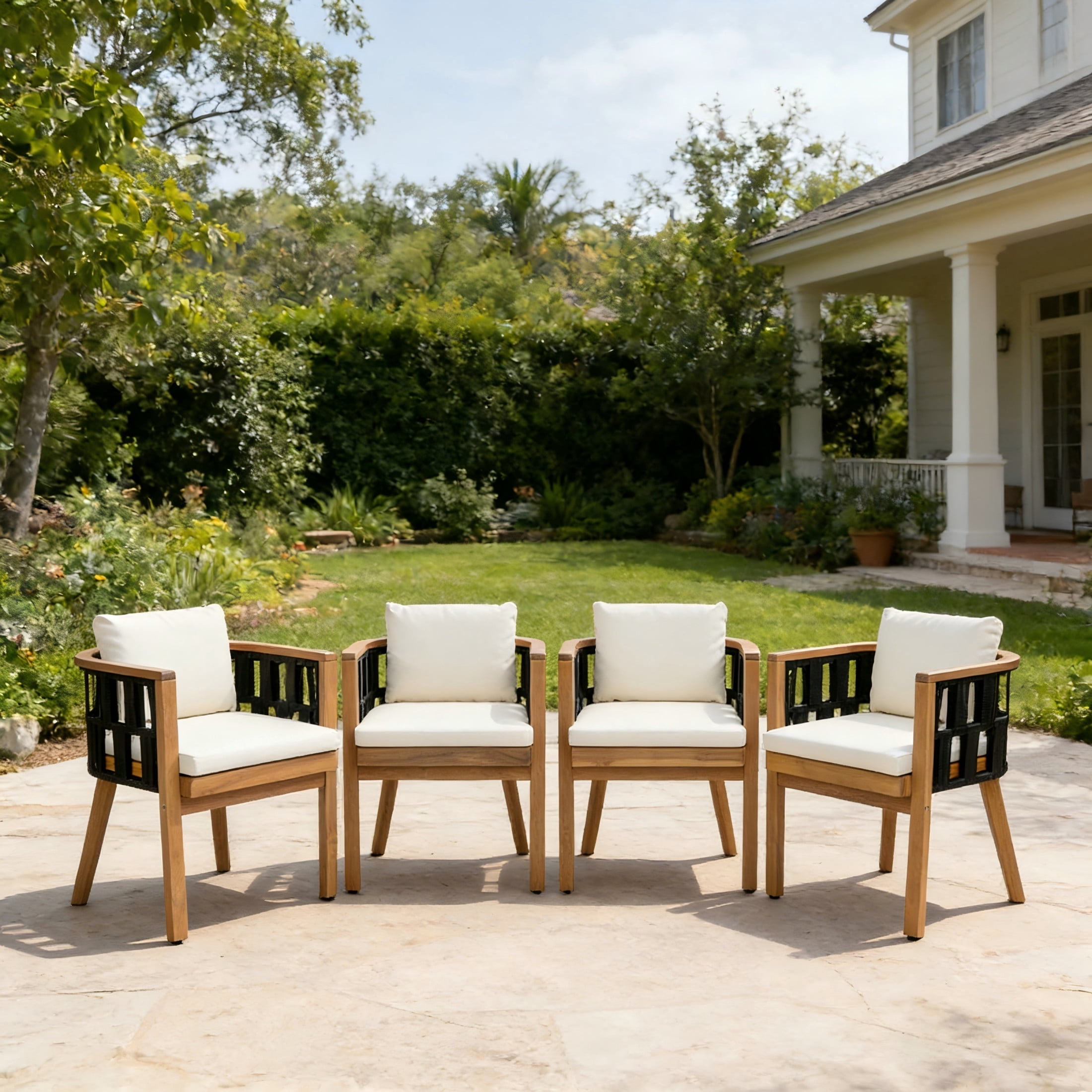 Christopher Knight Home Acacia Wood Outdoor Dining Chairs Set of 4, Teak Finish with Cream Cushion & Black Rope