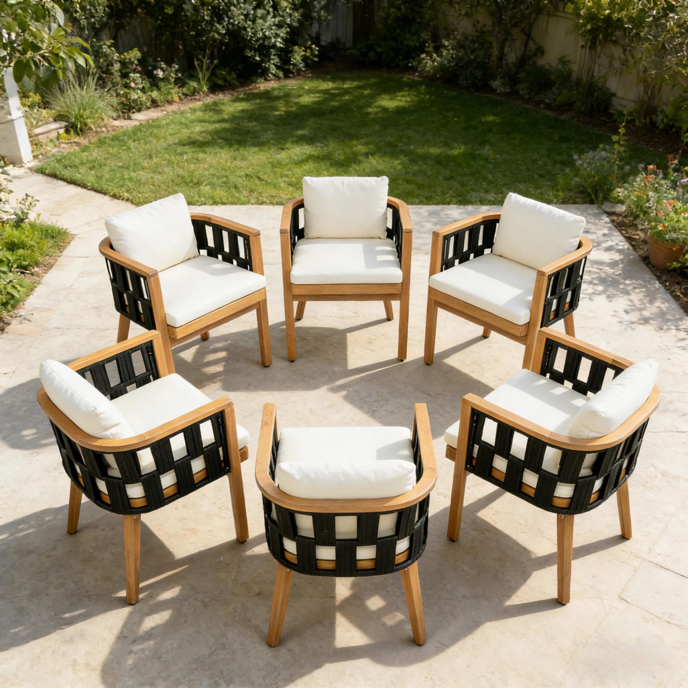 Christopher Knight Home Acacia Wood Outdoor Dining Chairs Set of 6, Teak Finish with Cream Cushion & Black Rope