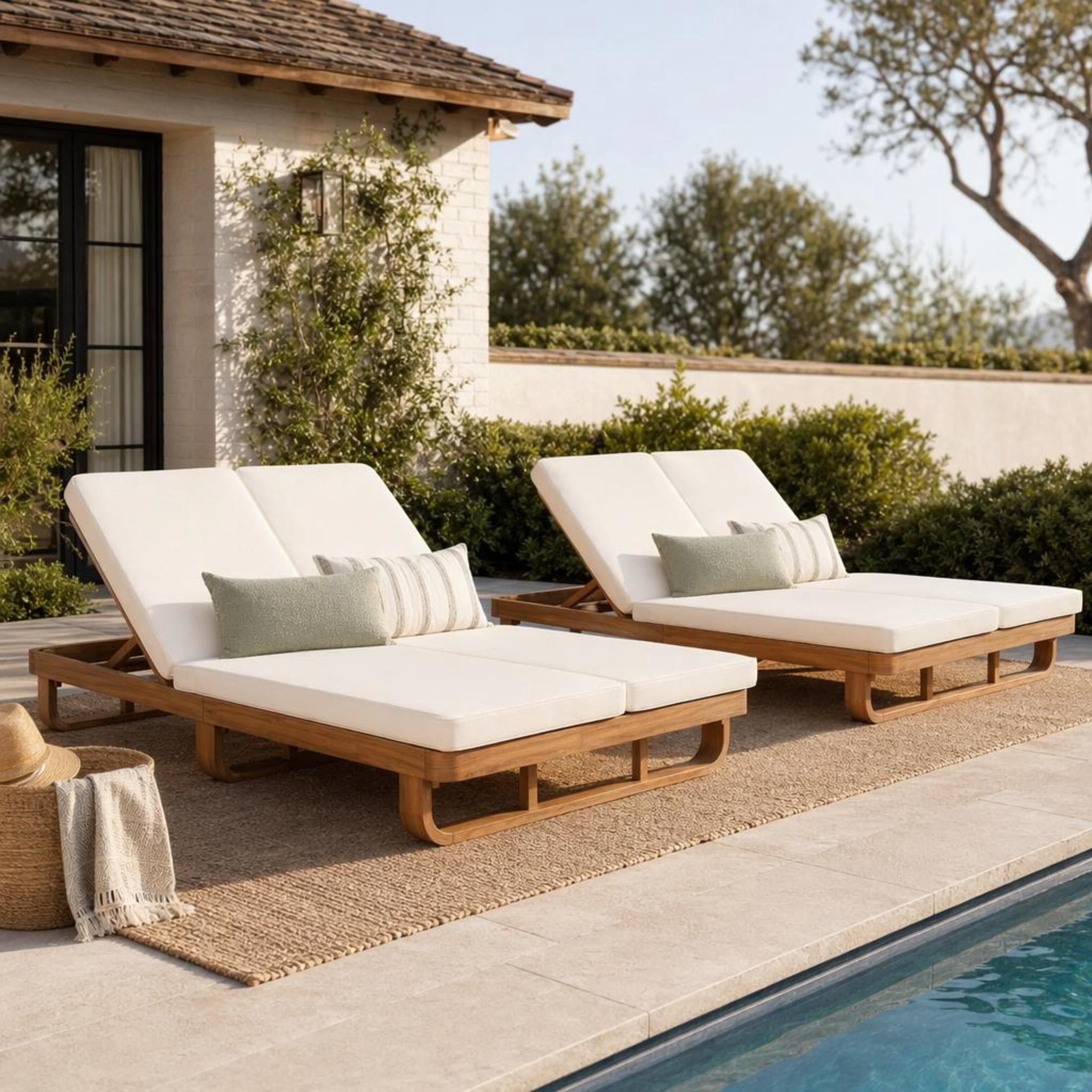 Christopher Knight Home Acacia Wood Outdoor Double Chaise Lounge with Adjustable Backrests, Beige Cushion, Natural, Set of 2