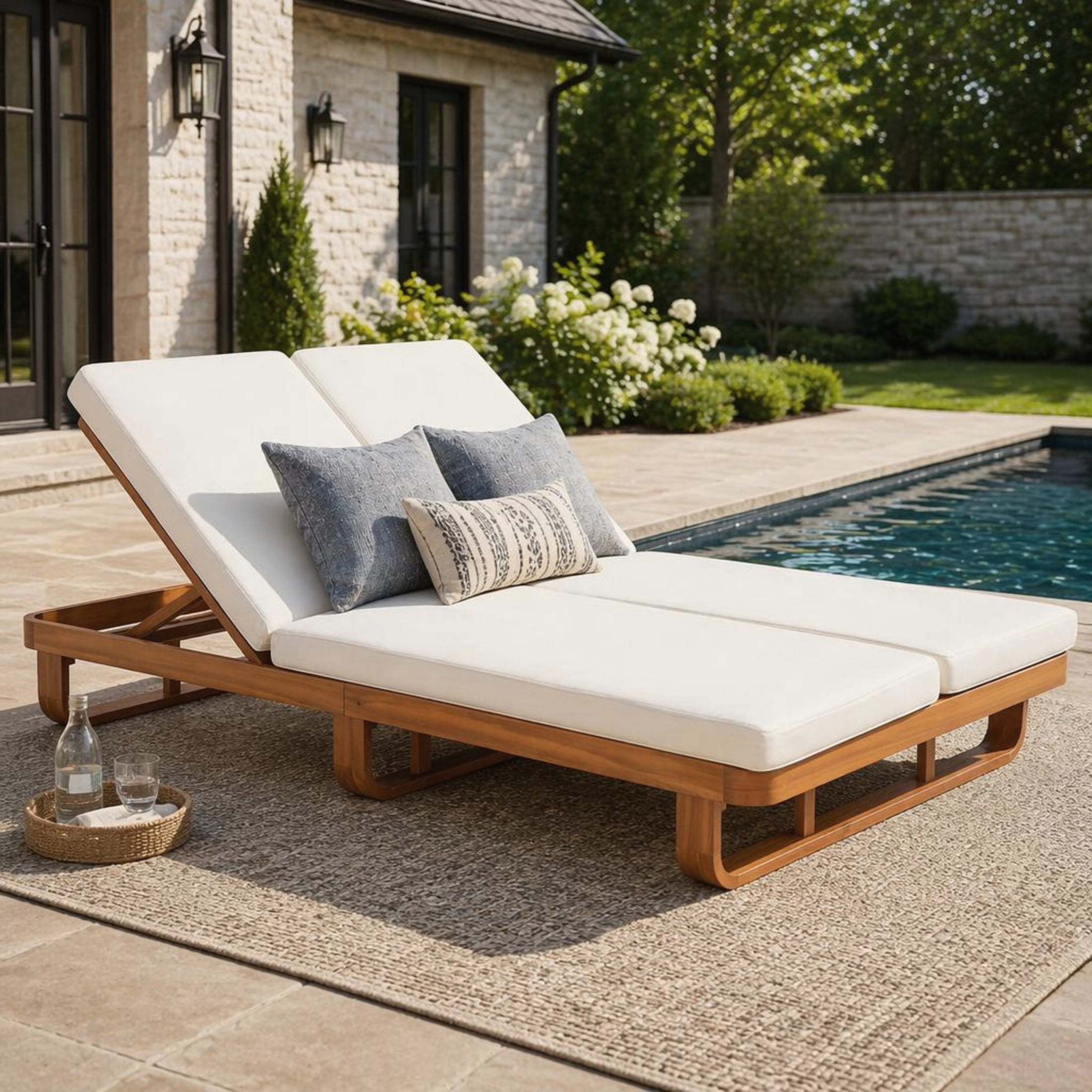 Christopher Knight Home Acacia Wood Outdoor Double Chaise Lounge with Adjustable Backrests, Beige Cushion, Natural