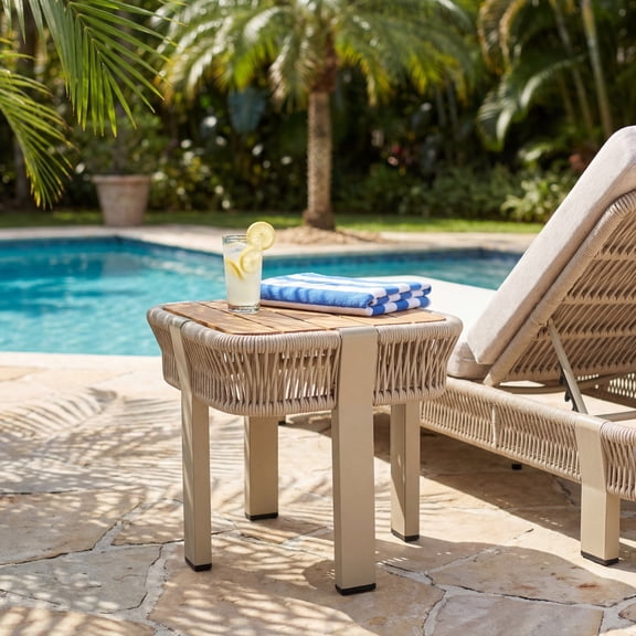 Christopher Knight Home Acacia Wood Outdoor Side Table with Rope Accent and Metal Frame, Beige