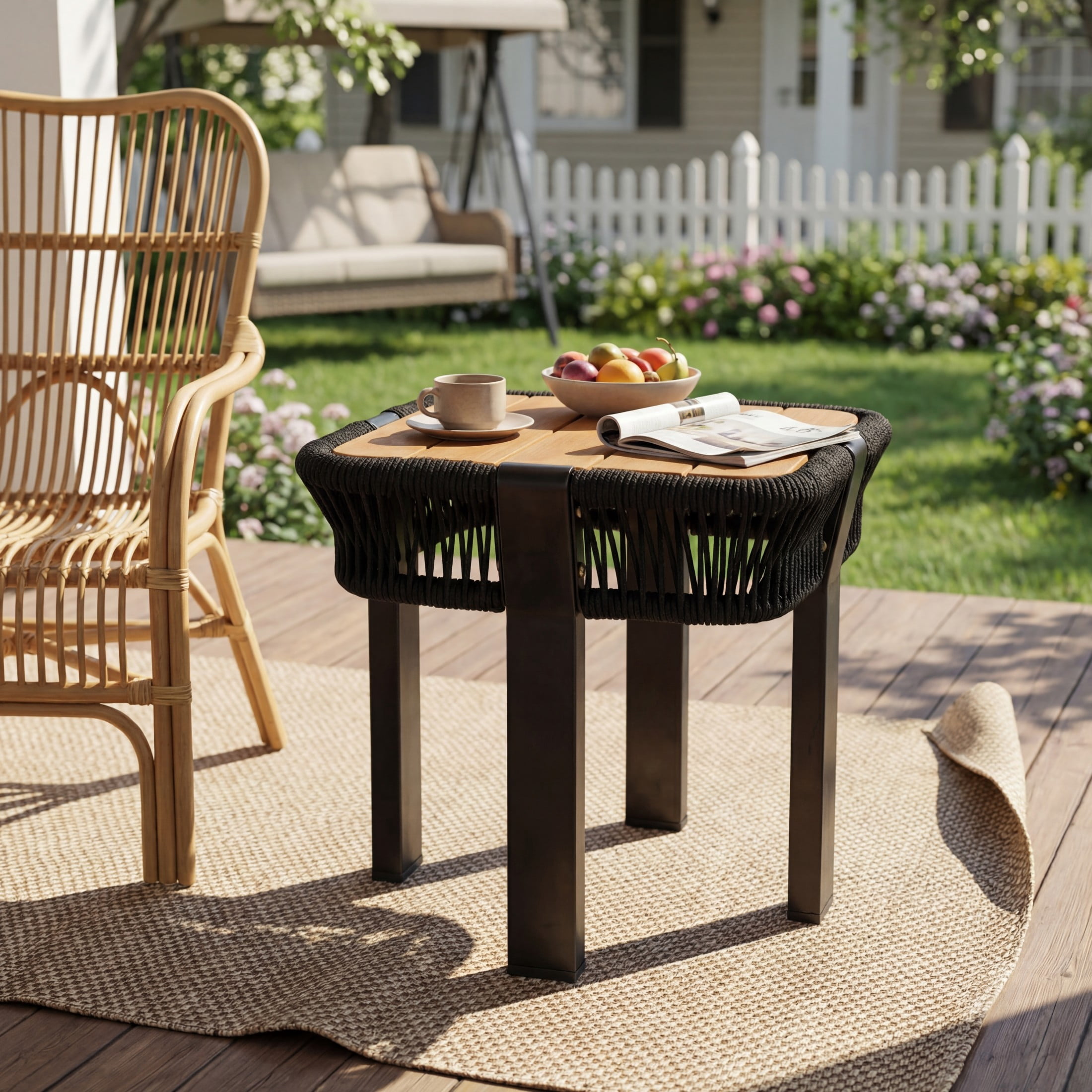 Christopher Knight Home Acacia Wood Outdoor Side Table with Rope Accent and Metal Frame, Black
