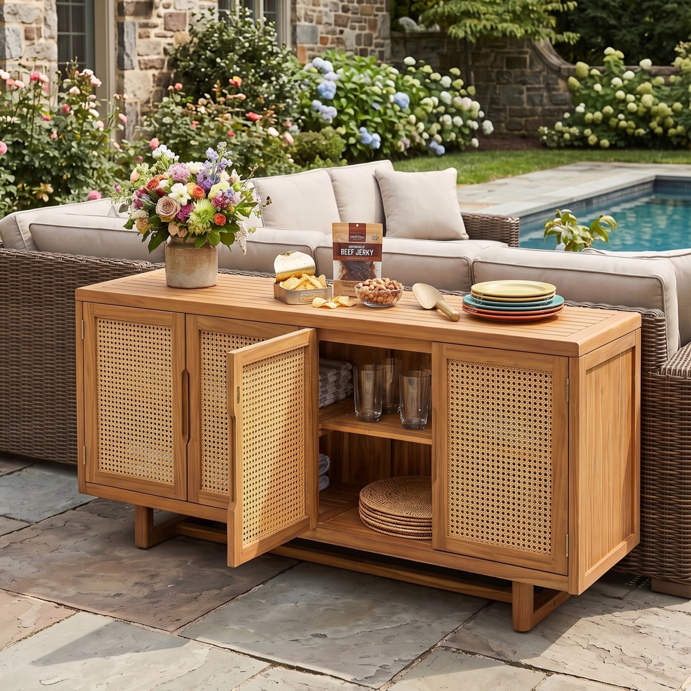 Christopher Knight Home Acacia Wood Outdoor Sideboard Storage Cabinet with Wicker Door, Teak+Yellow