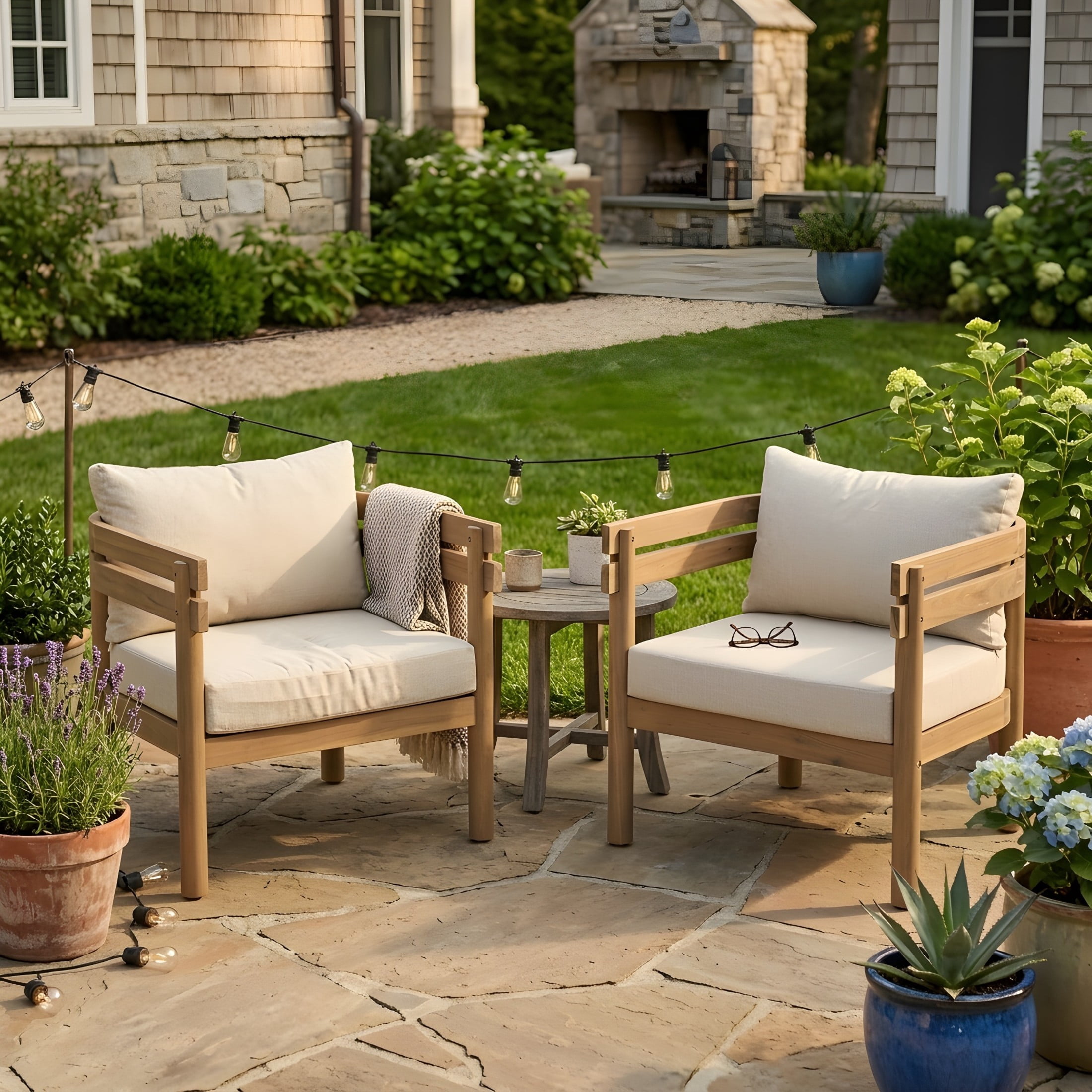 Christopher Knight Home Acacia Wood Patio Club Chair with Water-Repellent Cushions, Light Brown+Beige, Set of 2