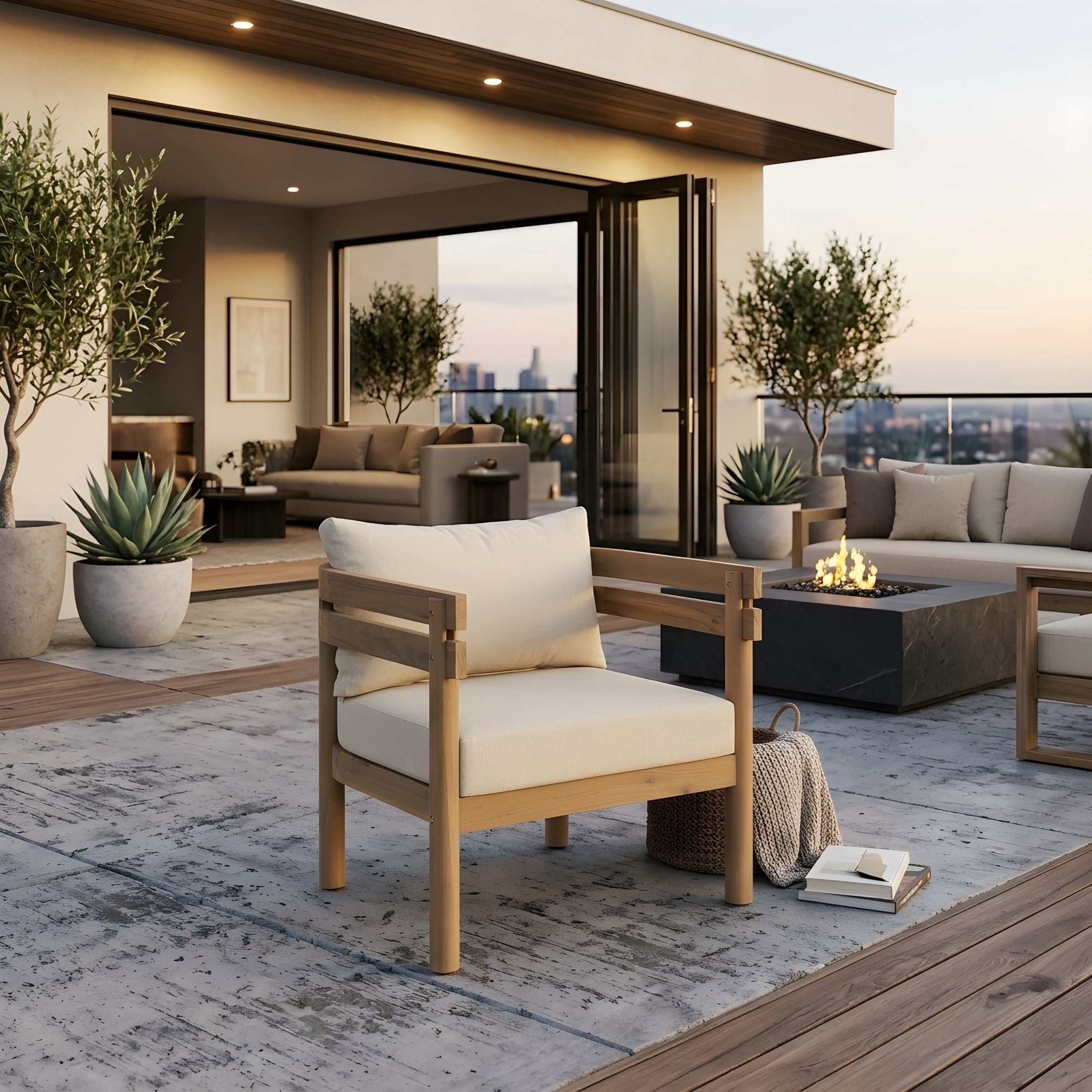 Christopher Knight Home Acacia Wood Patio Club Chair with Water-Repellent Cushions, Light Brown+Beige