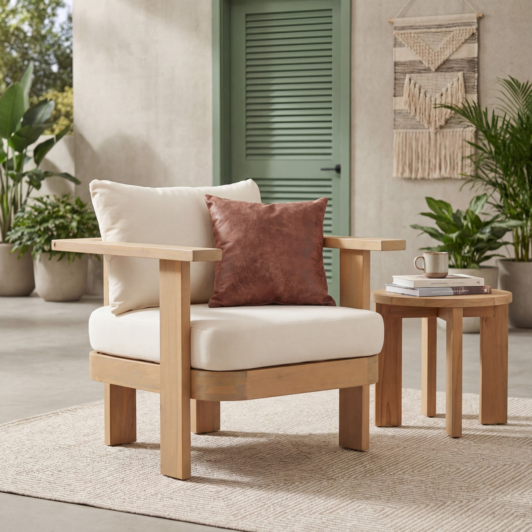 Christopher Knight Home Acacia Wood Patio Lounge Chair with Cushions, Light Teak + Cream