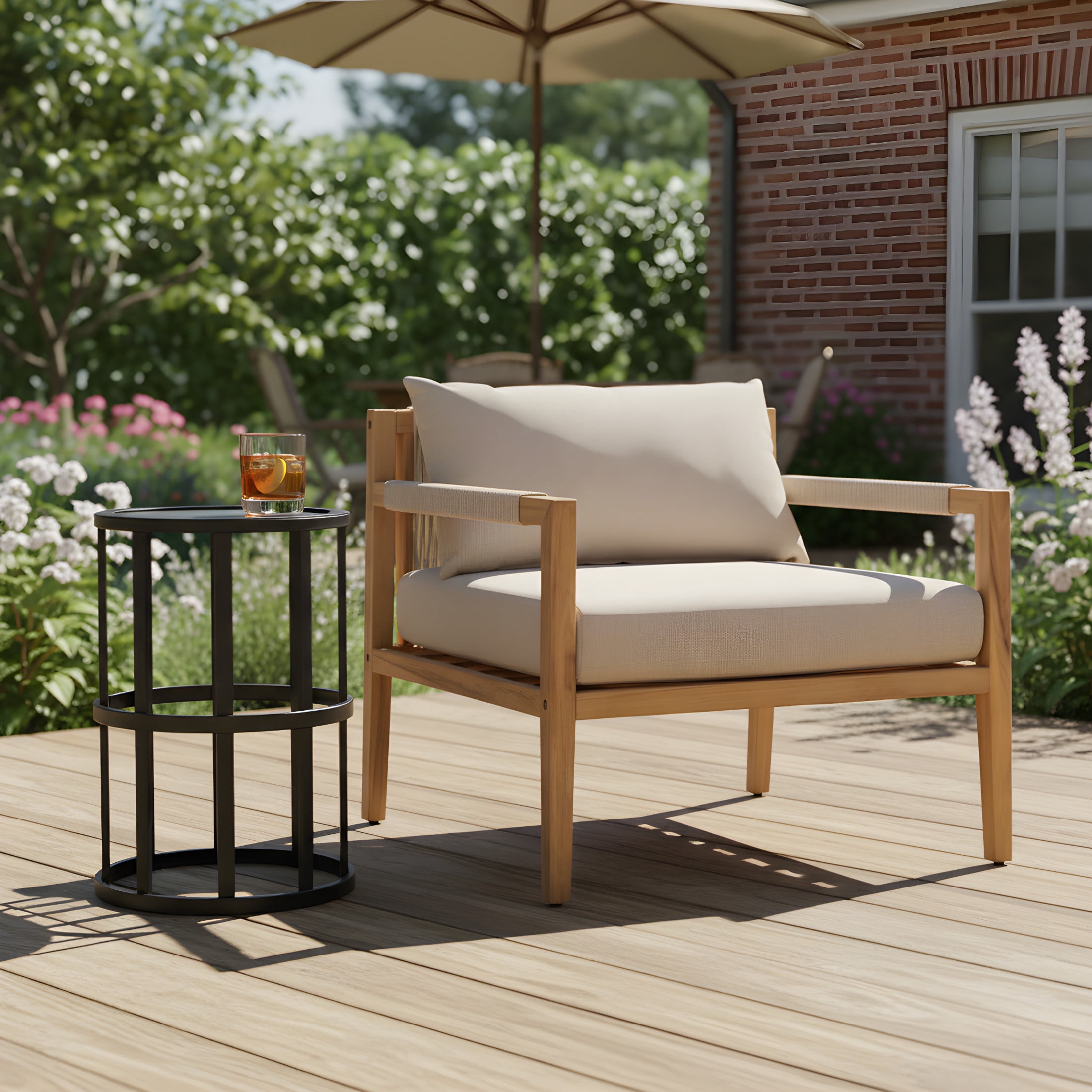 Christopher Knight Home Acacia Wood Rope Back Club Chair with 10.8" Side Table, Beige Cushion