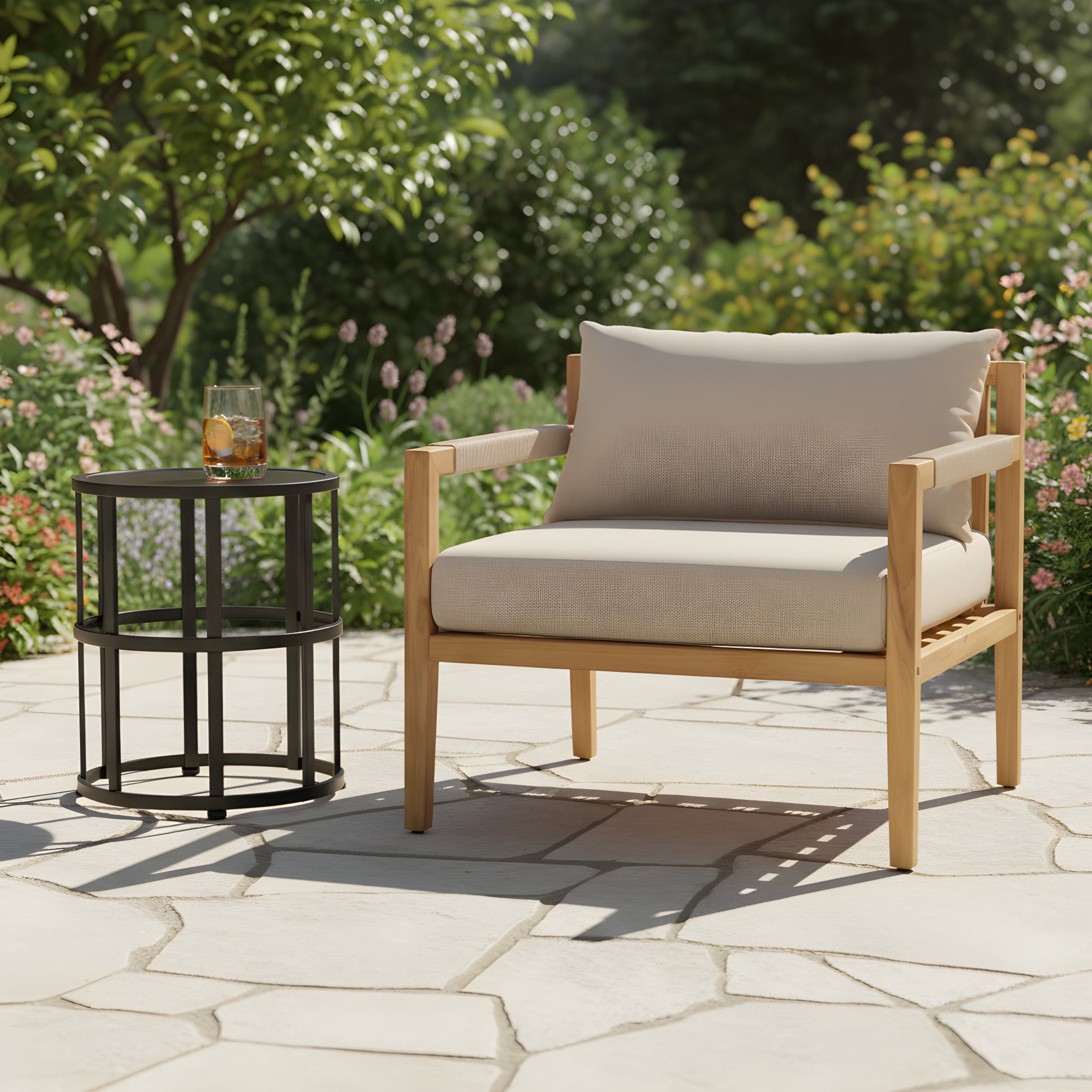 Christopher Knight Home Acacia Wood Rope Back Club Chair with 16.54" Side Table, Beige Cushion