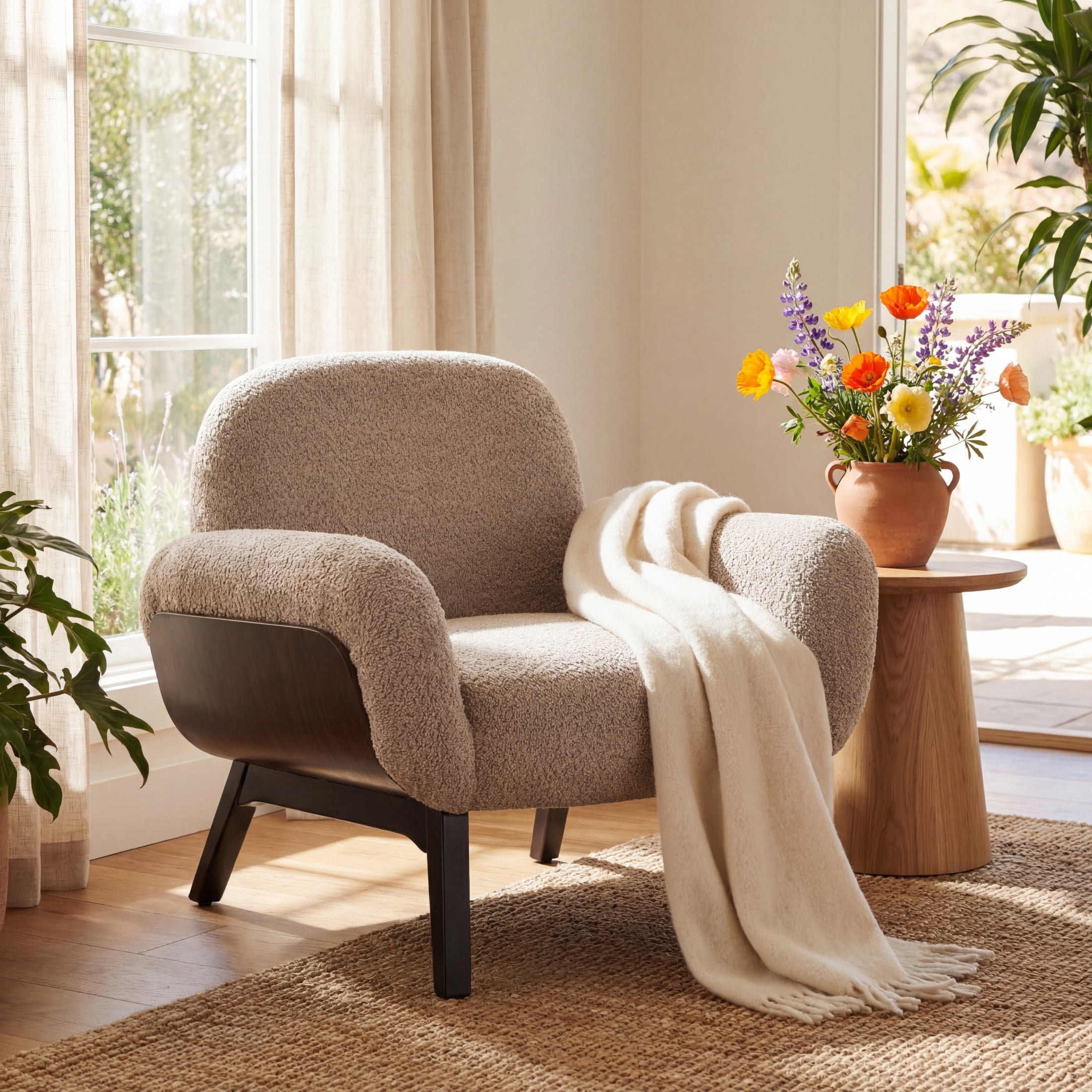 Christopher Knight Home Accent Armchair with Wrap-Around Backrest, Solid Wood Frame, Light Camel