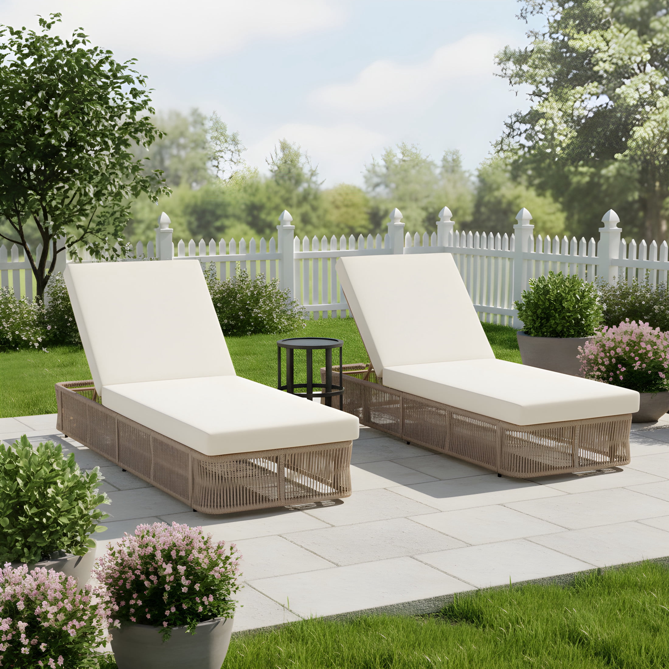 Christopher Knight Home Adjustable Backrest Sunlounge Chairs with 10.8" Side Table, Cream Cushion