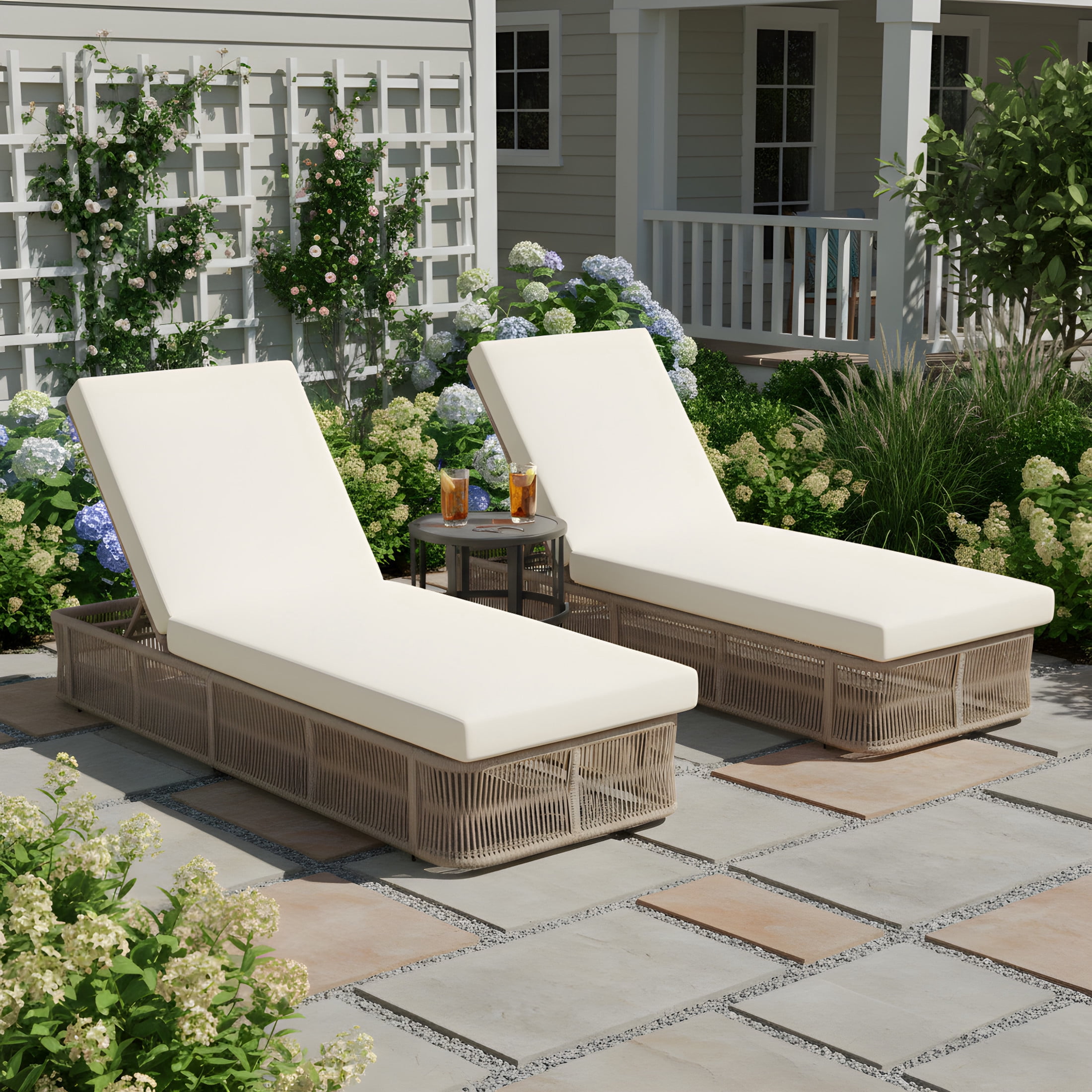Christopher Knight Home Adjustable Backrest Sunlounge Chairs with 16.54" Side Table, Cream Cushion