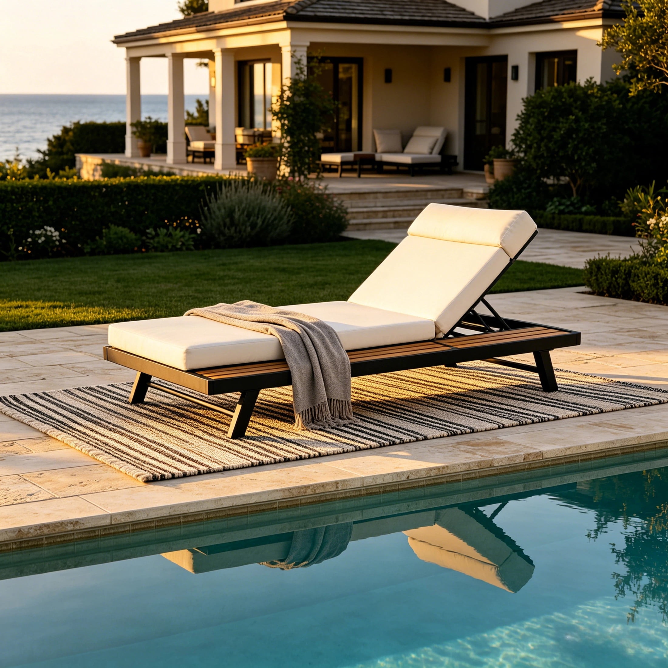 Christopher Knight Home Adjustable Outdoor Chaise Lounge with Headrest Cushion, Iron Frame and Wood Side Shelf, Black+Beige