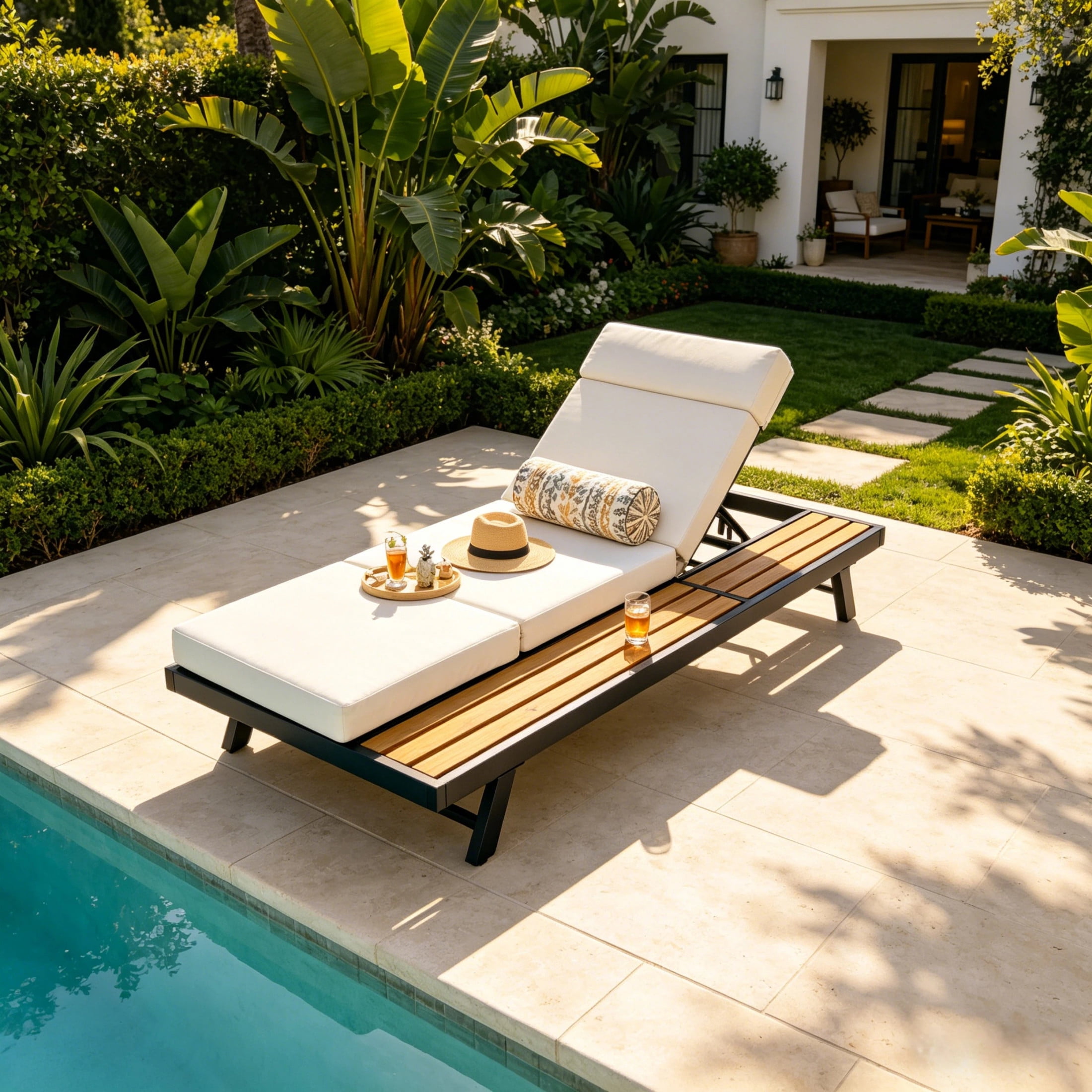 Christopher Knight Home Adjustable Outdoor Chaise Lounge with Headrest Cushion, Iron Frame and Wood Side Shelf, Black+Cream
