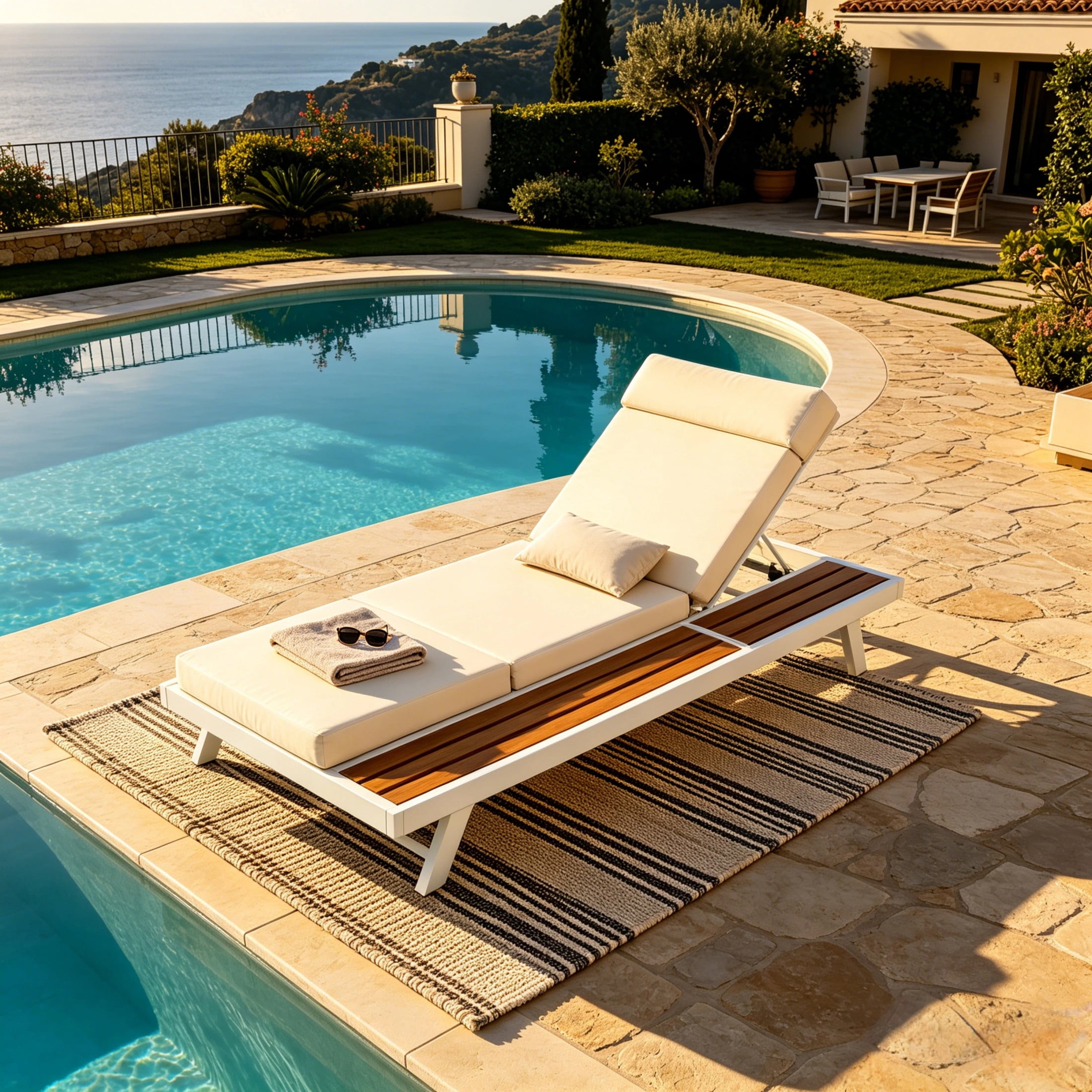 Christopher Knight Home Adjustable Outdoor Chaise Lounge with Headrest Cushion, Iron Frame and Wood Side Shelf, White+Beige