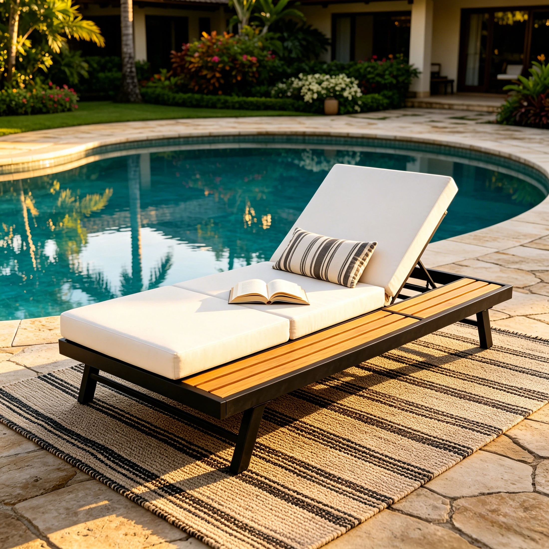 Christopher Knight Home Adjustable Outdoor Iron Chaise Lounge with 3-Fold Cushion, Wood Side Shelf, Black+Cream