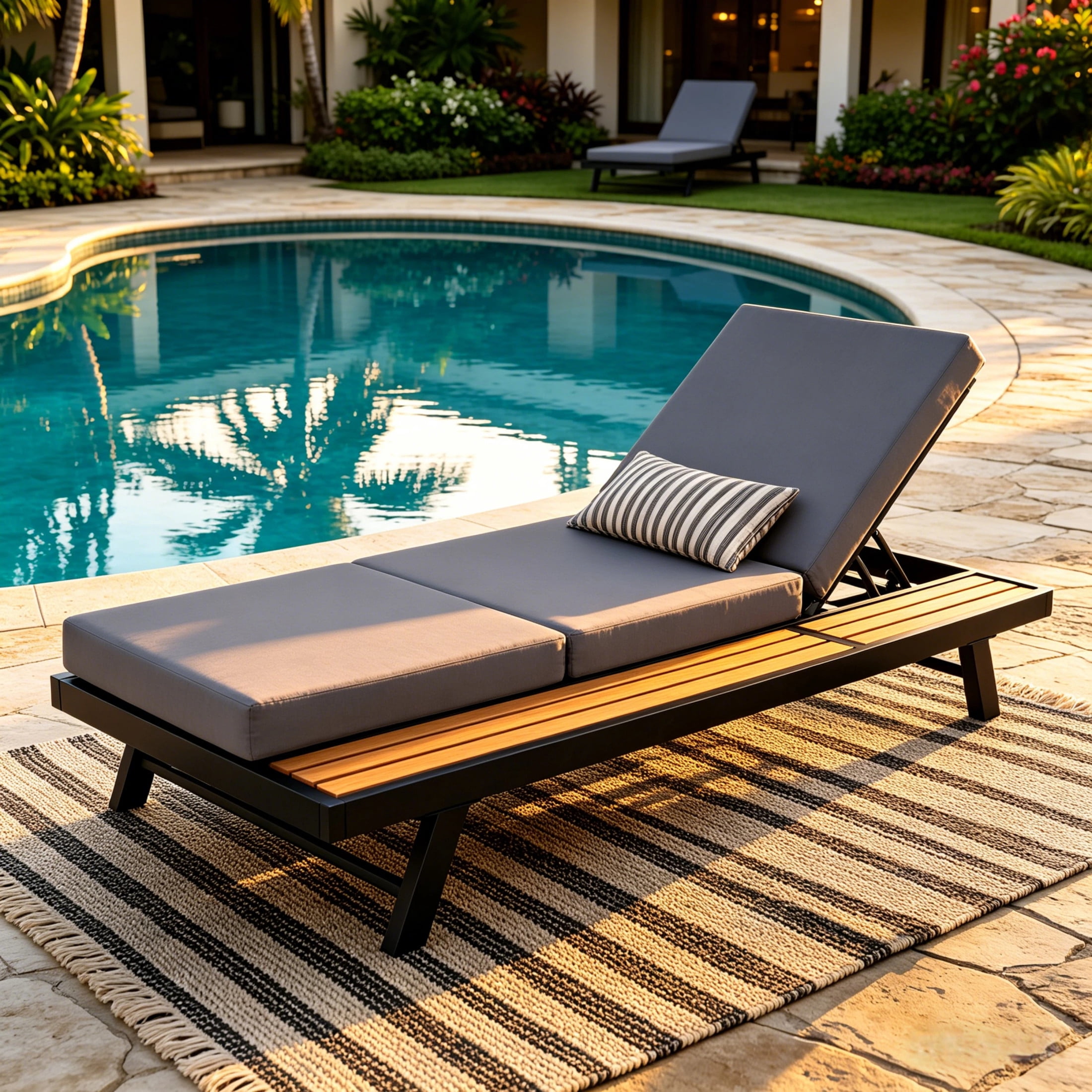 Christopher Knight Home Adjustable Outdoor Iron Chaise Lounge with 3-Fold Cushion, Wood Side Shelf, Black+Dark Gray
