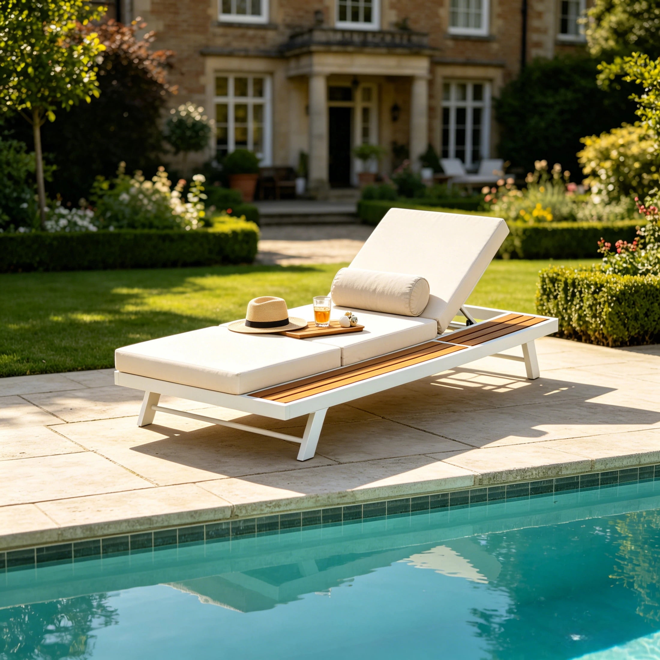 Christopher Knight Home Adjustable Outdoor Iron Chaise Lounge with 3-Fold Cushion, Wood Side Shelf, White+Cream