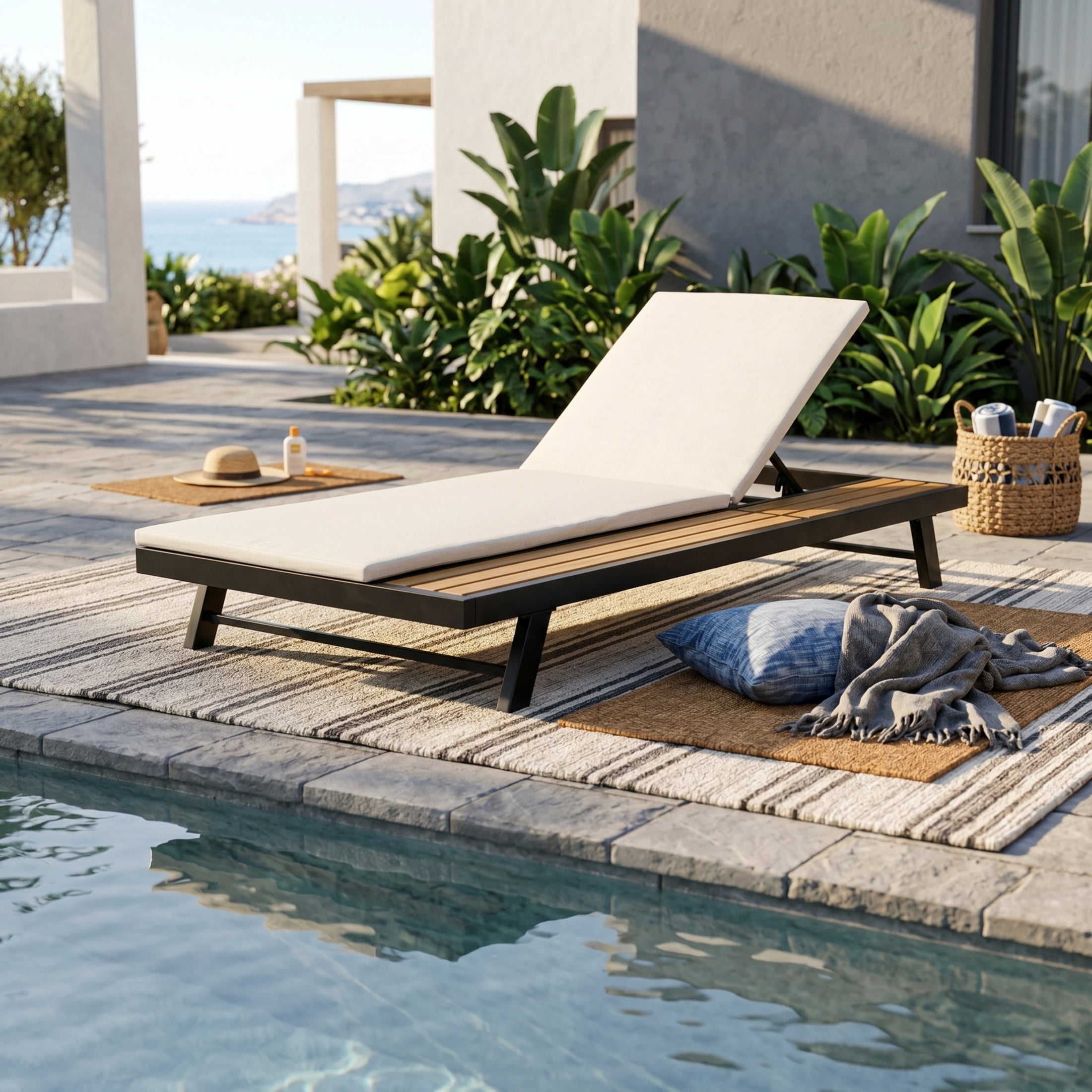 Christopher Knight Home Adjustable Outdoor Iron Chaise Lounge with Cushion, Wood Side Shelf, Black+Cream