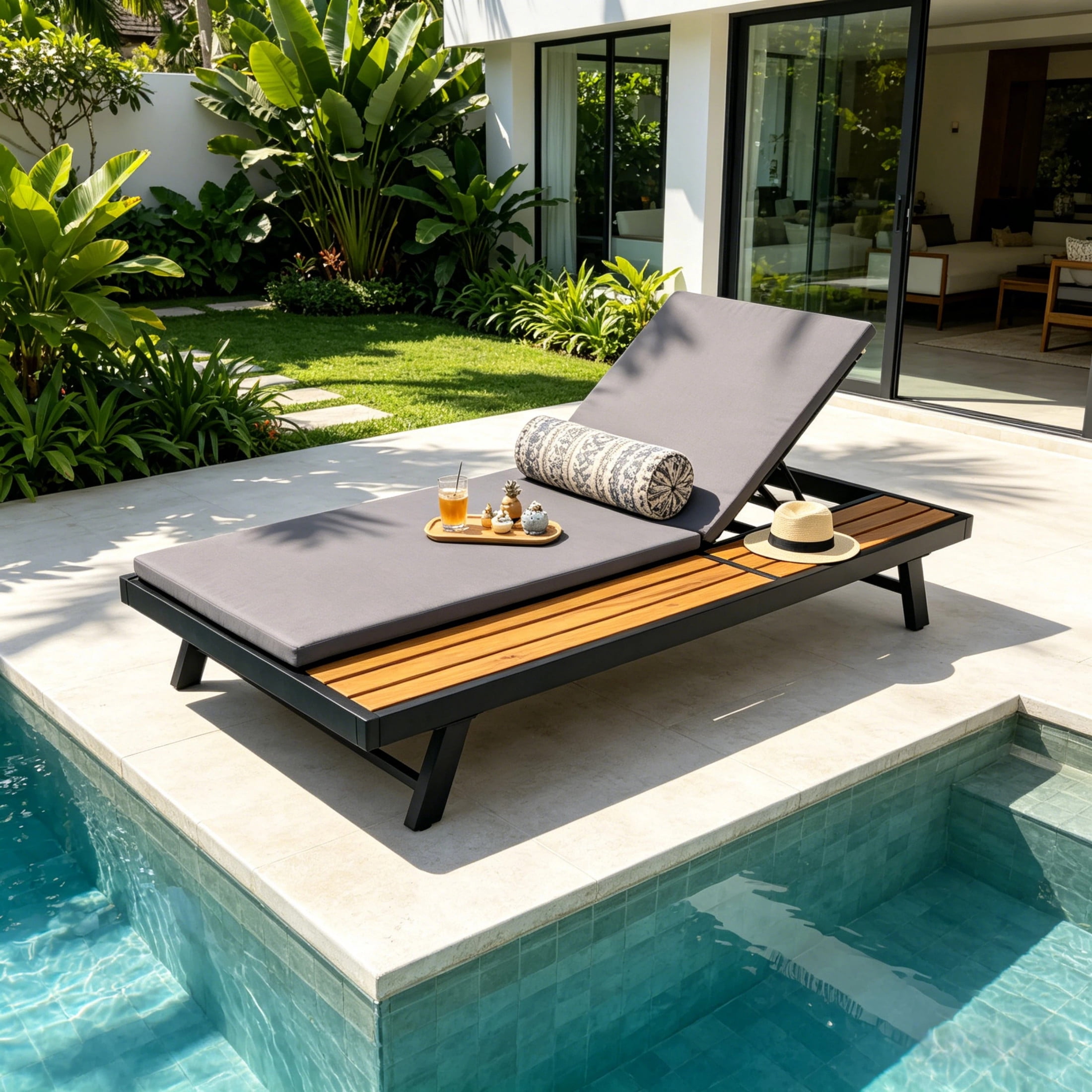 Christopher Knight Home Adjustable Outdoor Iron Chaise Lounge with Cushion, Wood Side Shelf, Black+Dark Gray