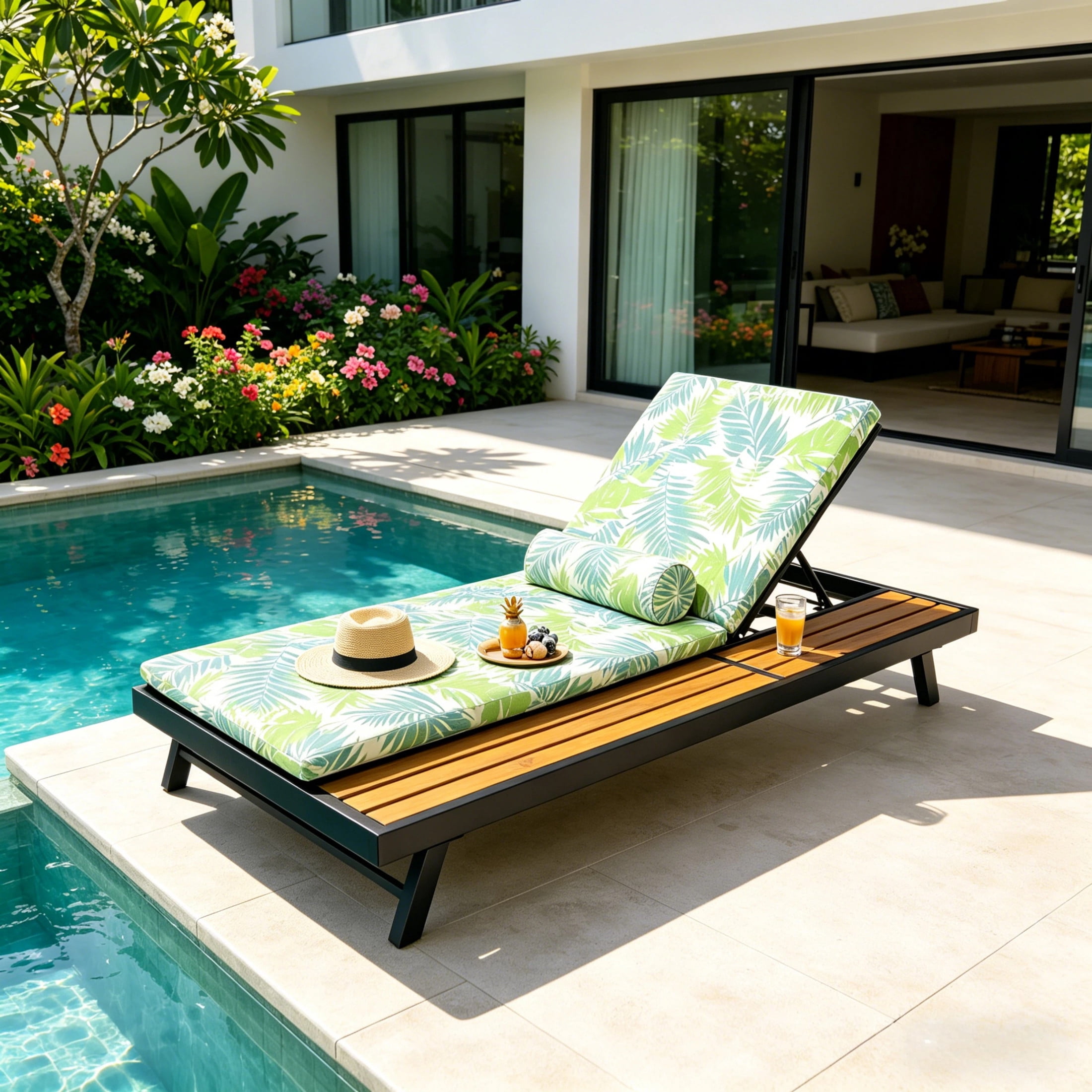 Christopher Knight Home Adjustable Outdoor Iron Chaise Lounge with Cushion, Wood Side Shelf, Black+Leaf