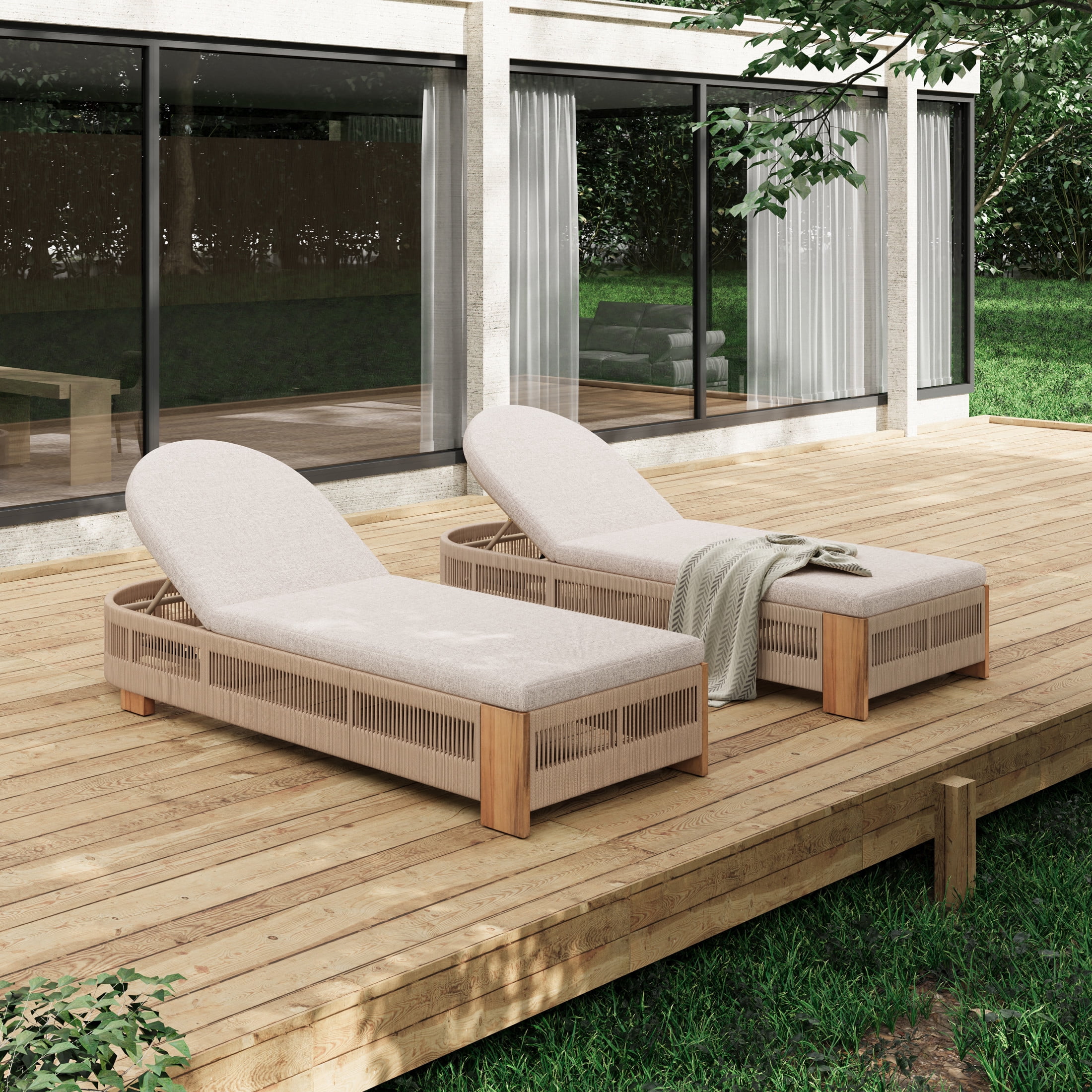 Christopher Knight Home Adjustable Outdoor Wood Chaise Lounge with Cushion, Rope Accent, Beige, Set of 2