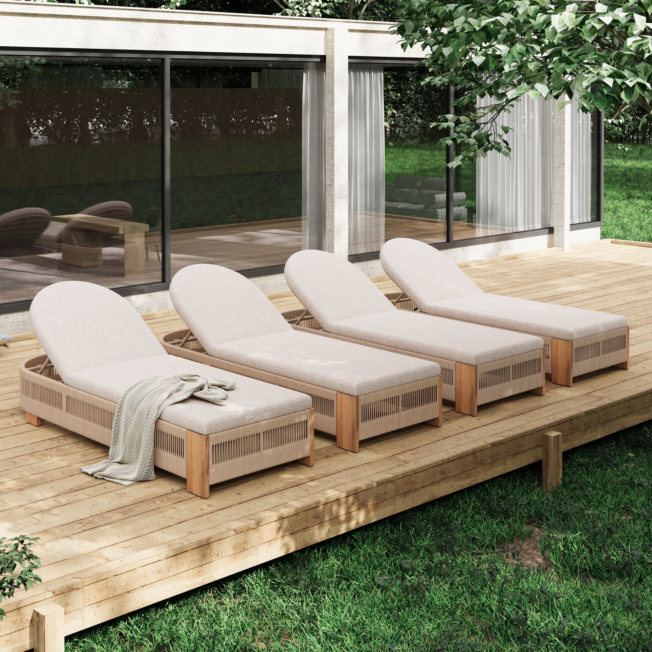 Christopher Knight Home Adjustable Outdoor Wood Chaise Lounge with Cushion, Rope Accent, Beige, Set of 4
