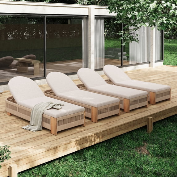 Christopher Knight Home Adjustable Outdoor Wood Chaise Lounge with Cushion, Rope Accent, Beige, Set of 4
