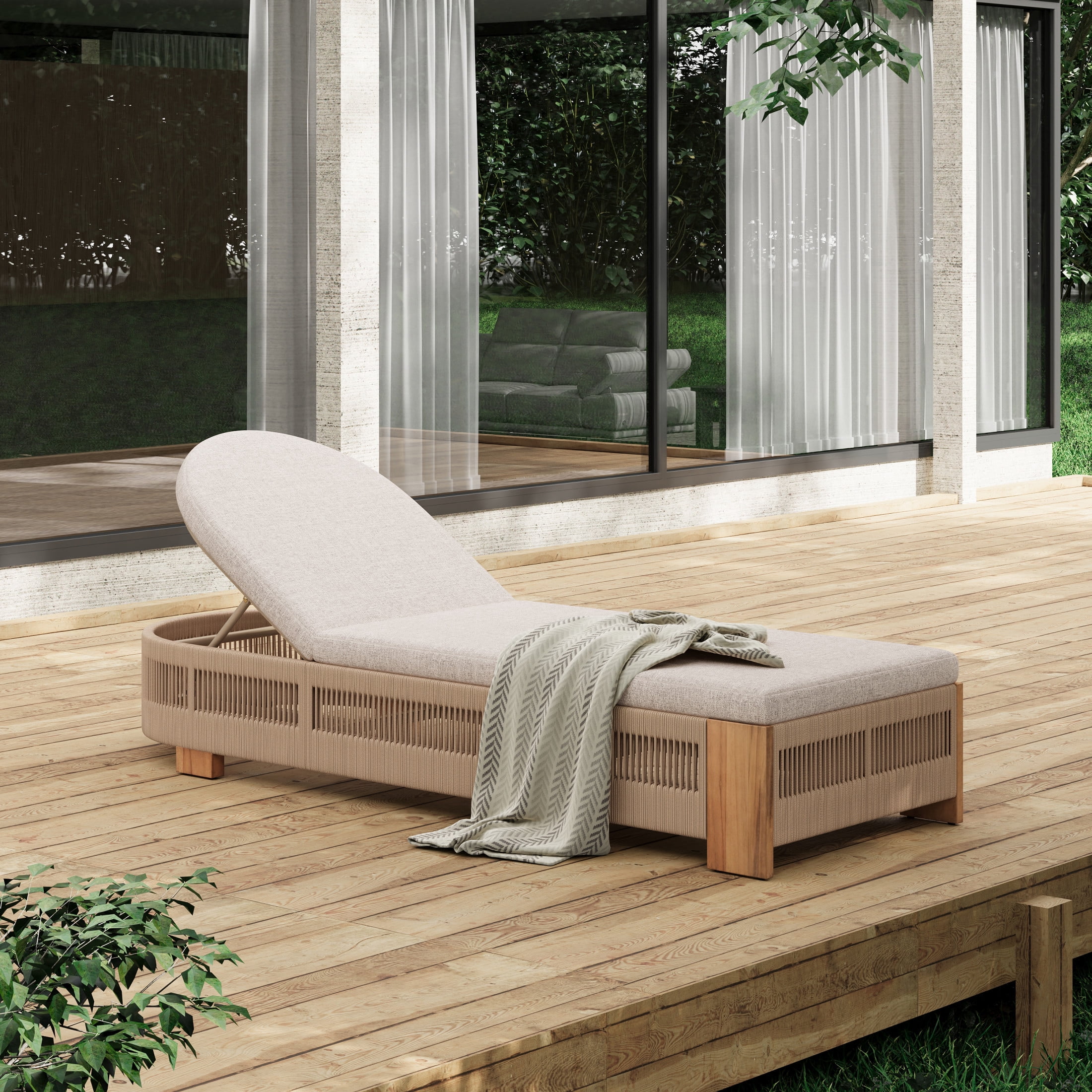 Christopher Knight Home Adjustable Outdoor Wood Chaise Lounge with Cushion, Rope Accent, Beige