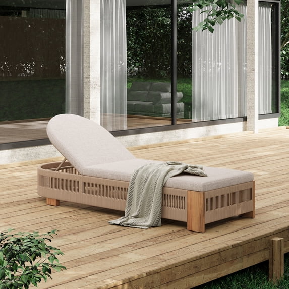 Christopher Knight Home Adjustable Outdoor Wood Chaise Lounge with Cushion, Rope Accent, Beige