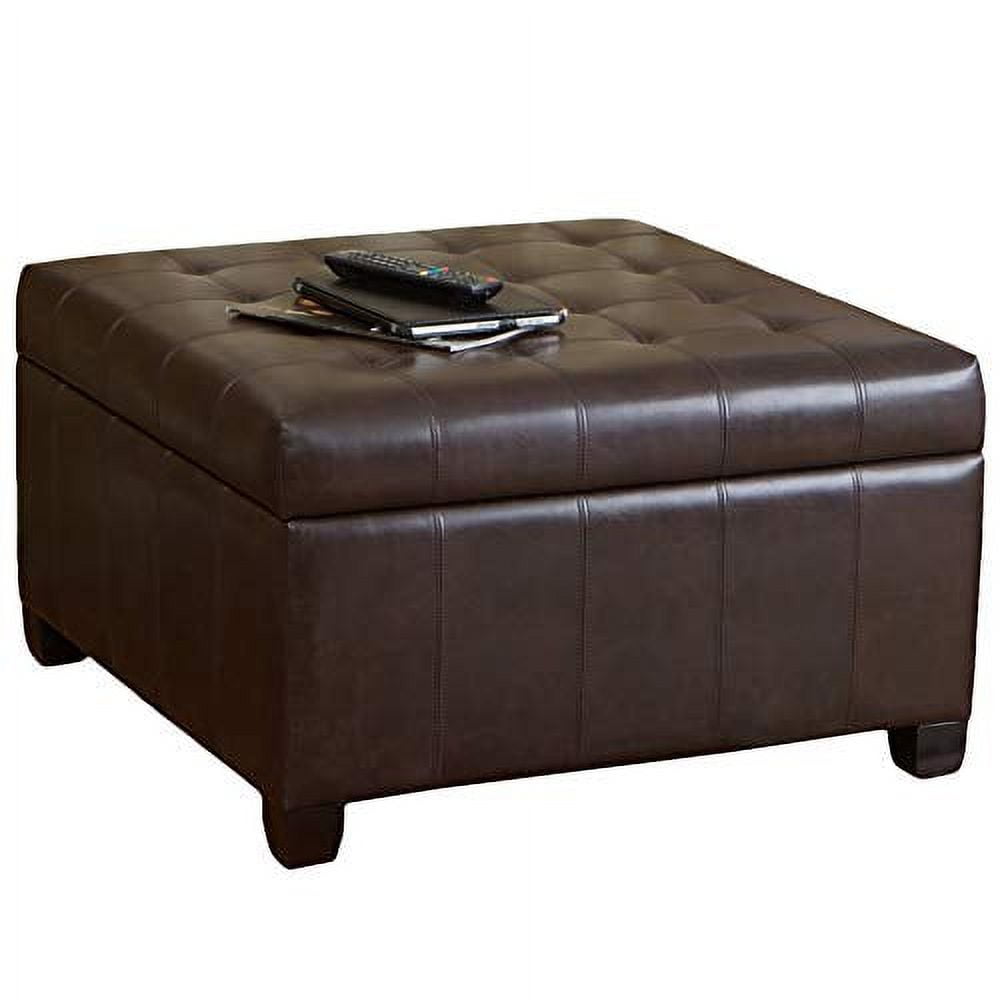 Elegant Round Brown Bonded Leather Tufted Storage Ottoman