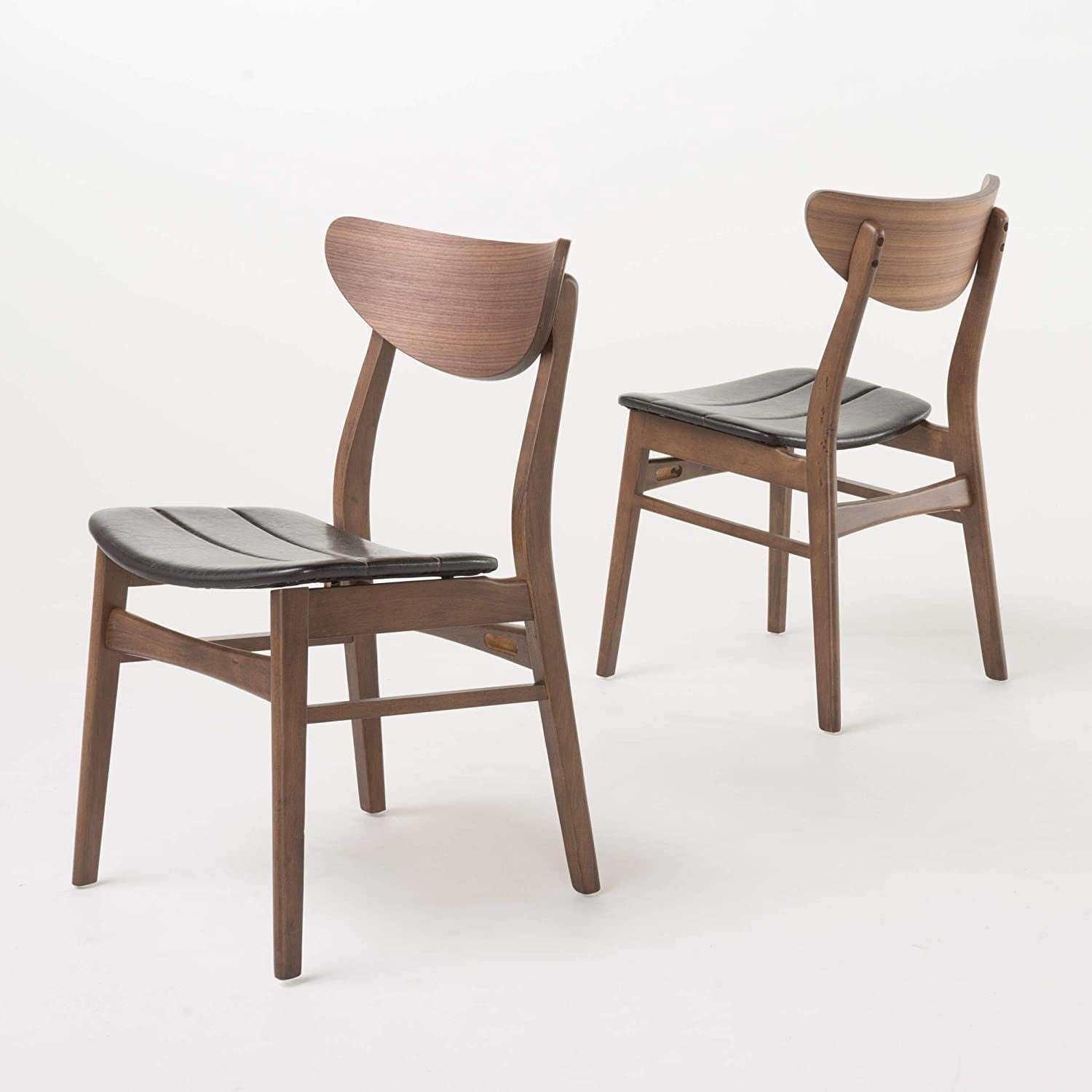 Mid-Century Modern Dark Brown Leather Walnut Dining Chairs Set