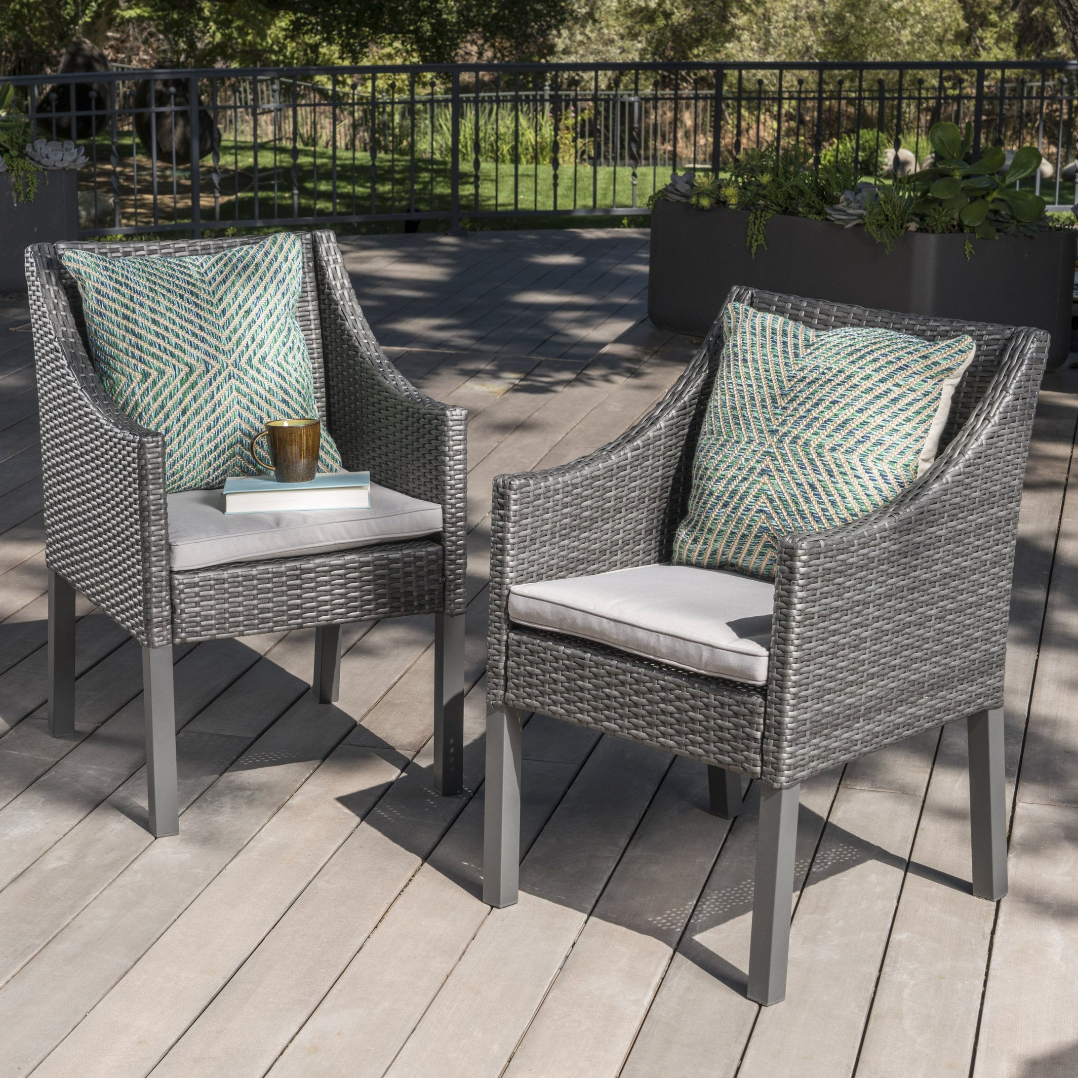 Gray Wicker Outdoor Dining Chairs with Cushions, Set of 2