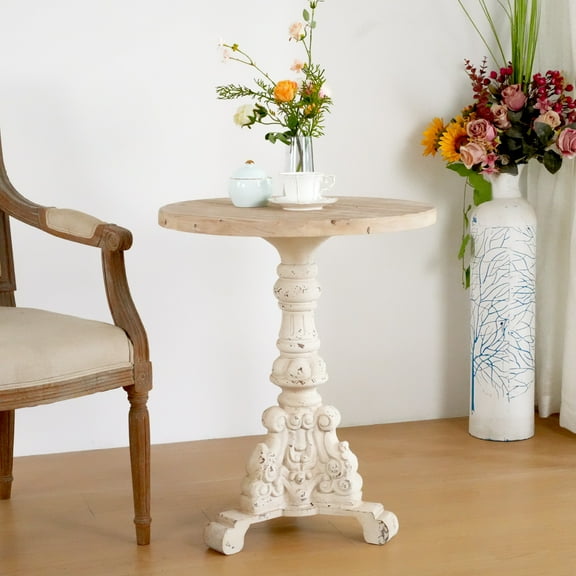 Christopher Knight Home Antique Coffee Table with Vintage Pedestal Base & Round Wood Top, Natural+Antique White