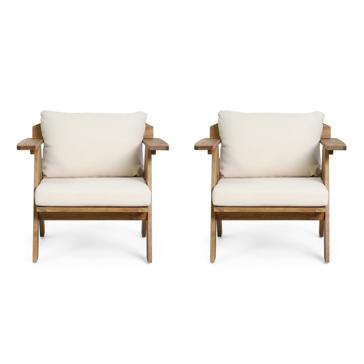 Teak Finish Acacia Wood Outdoor Club Chairs with Beige Cushions, Set of 2