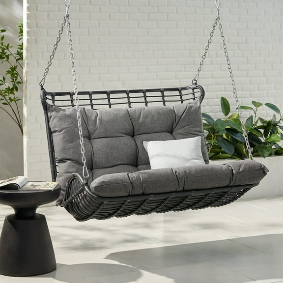 Christopher Knight Home Arruda Outdoor  Outdoor Wicker Porch Swing with Cushions by  Gray/ Black/ Dark Gray