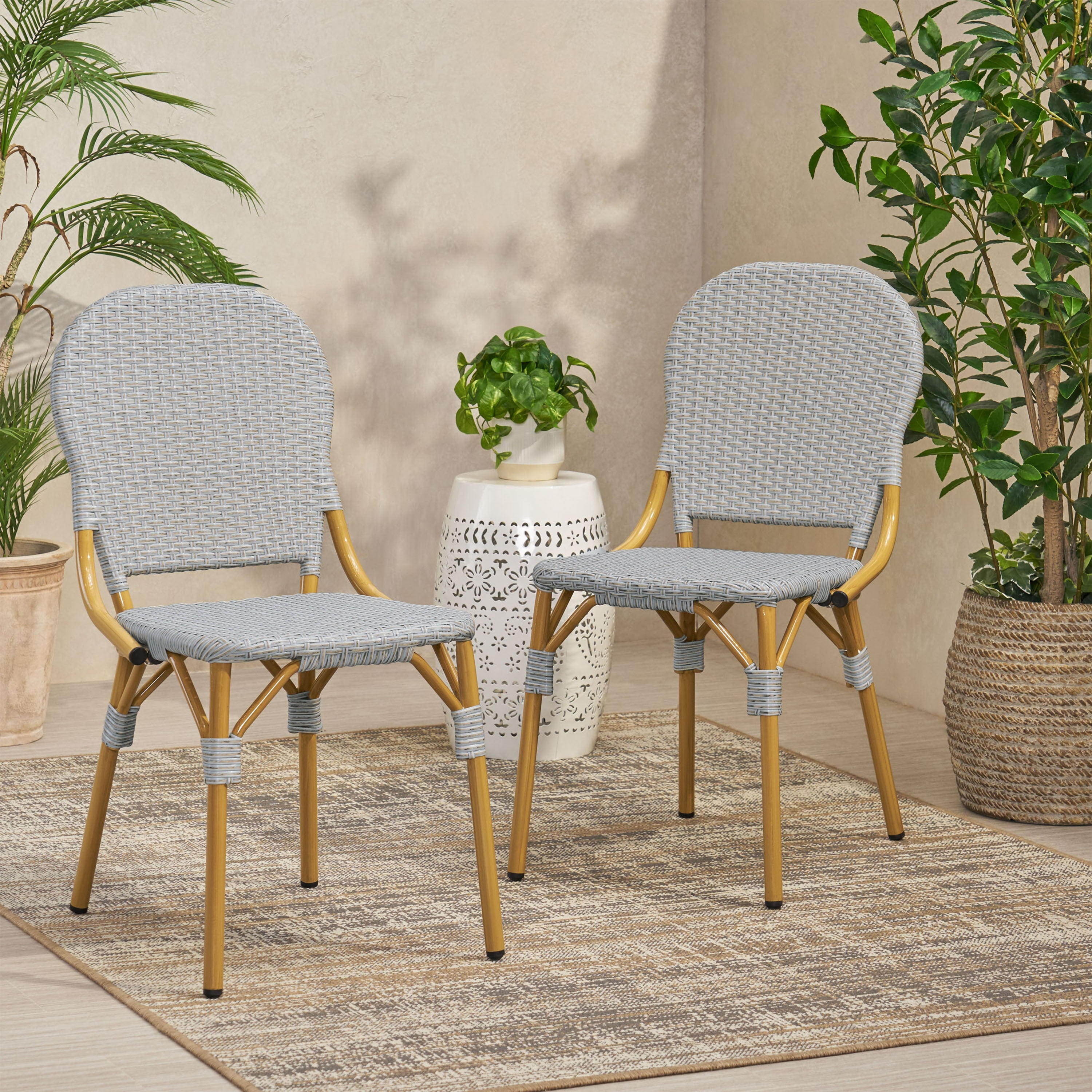 Gray and Bamboo Aluminum Outdoor Armless Cafe Chairs, Set of 2