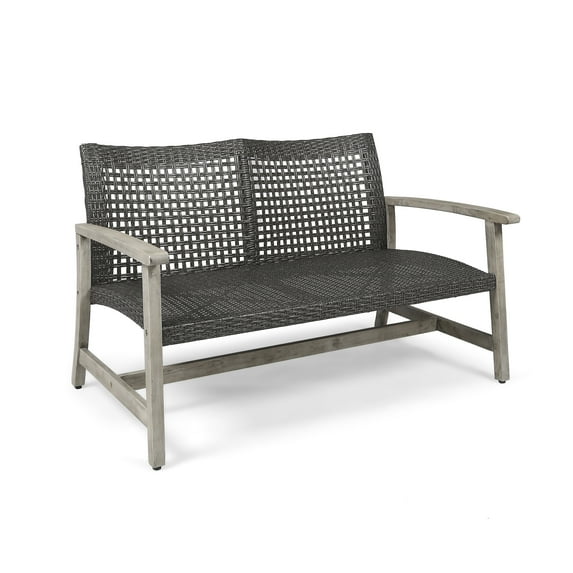 Christopher Knight Home Augusta Outdoor Acacia Wood and Wicker 6 Seater Chat Set with Fire Pit by Light Gray Washed Finish