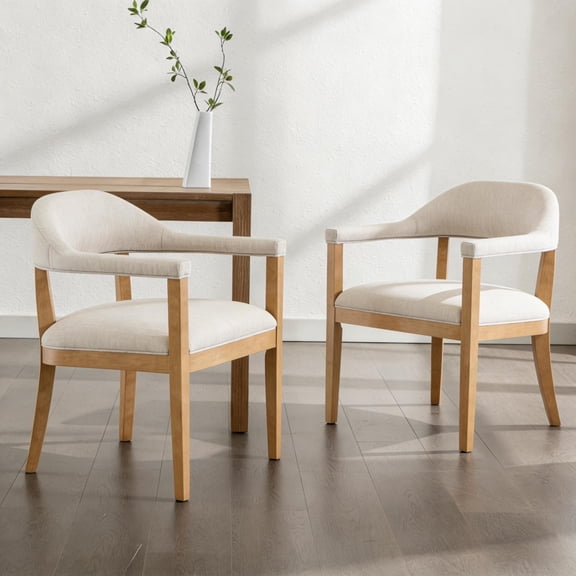 Christopher Knight Home Beige Upholstered Dining Arm Chairs Set of 2, Natural Rubberwood Frame