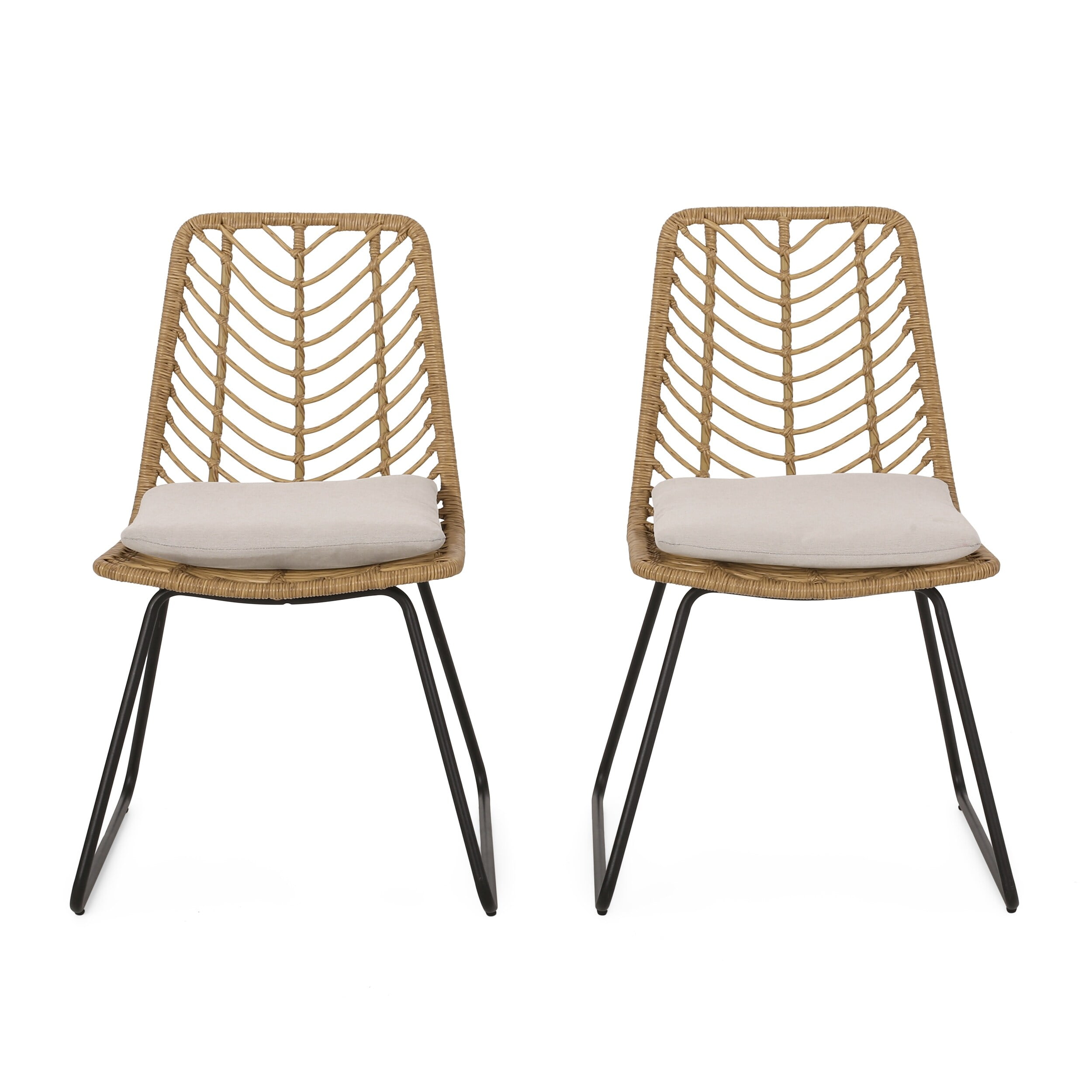 Berrien Light Brown Wicker Armless Outdoor Chairs with Beige Cushions