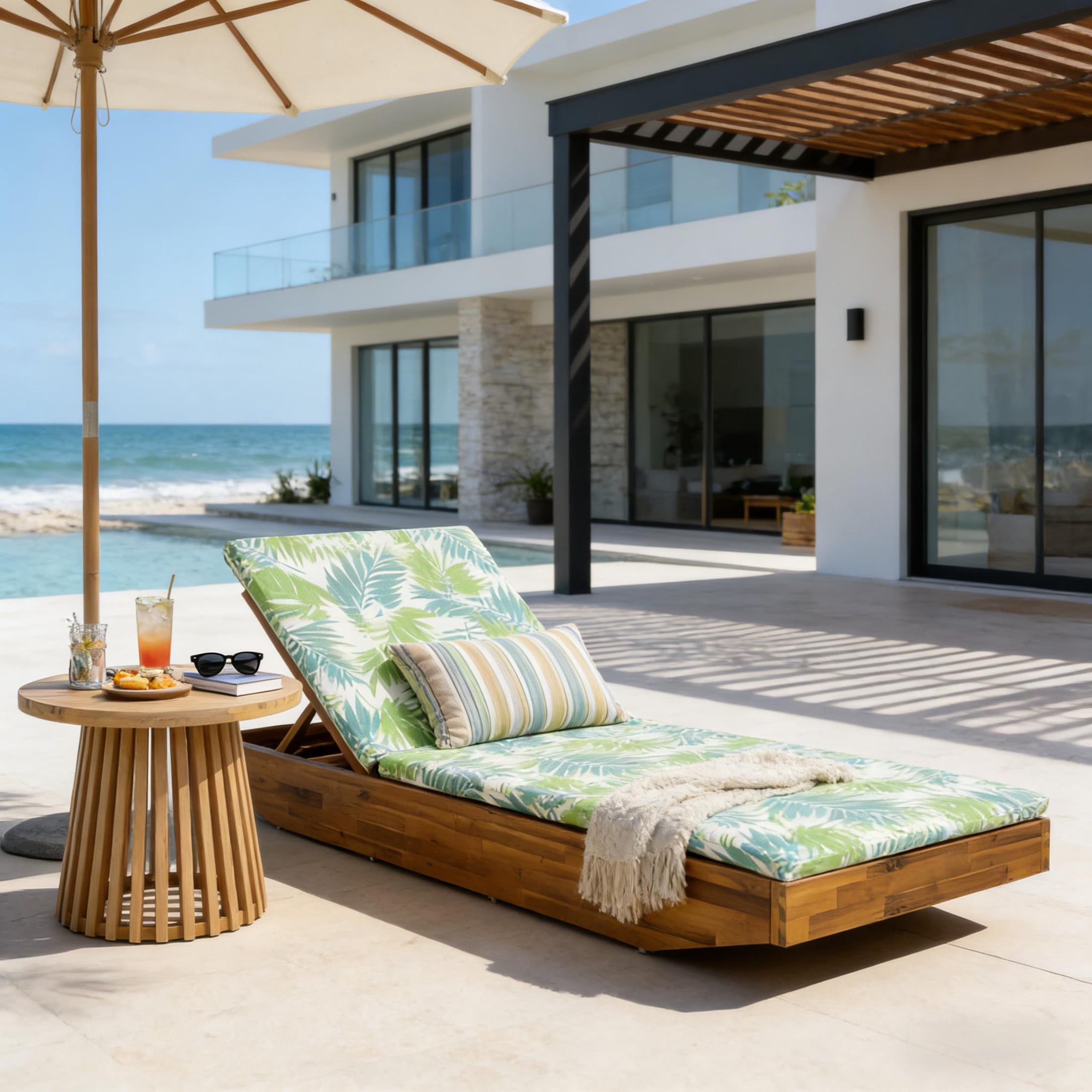 Christopher Knight Home Boat-Shape Patio Chaise Lounge Chair with 2-Fold Thin Cushion, 3-Position Recliner, Teak+Green Leaf