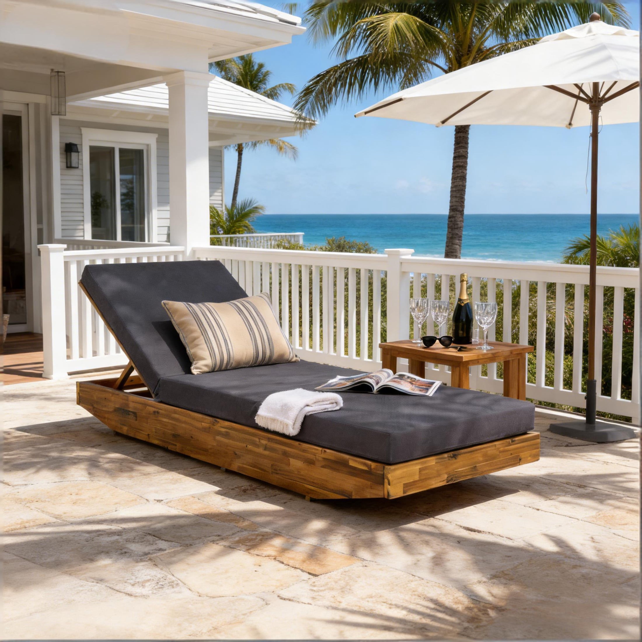 Christopher Knight Home Boat-Shape Patio Chaise Lounge Chair with 3-Fold Cushion, 3-Position Recliner, Teak+Dark Gray