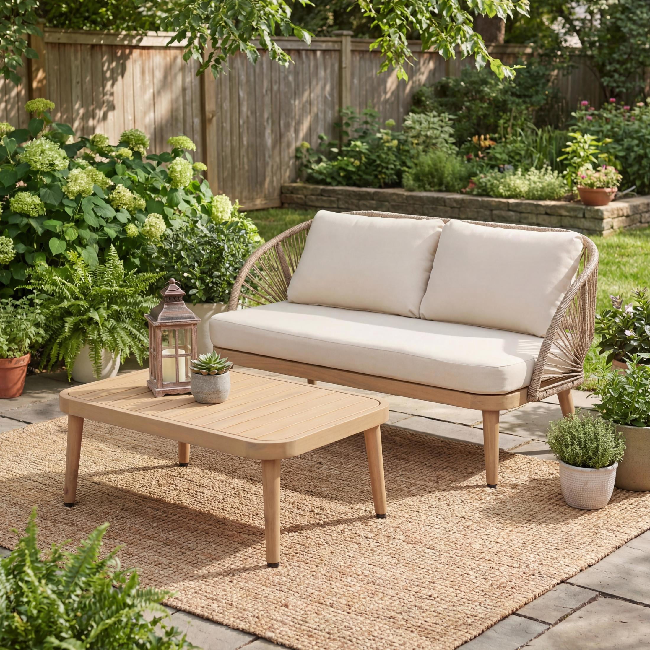 Christopher Knight Home Bohemian 2-Piece Acacia Wood Patio Set, Handwoven Rope Back, Light Teak