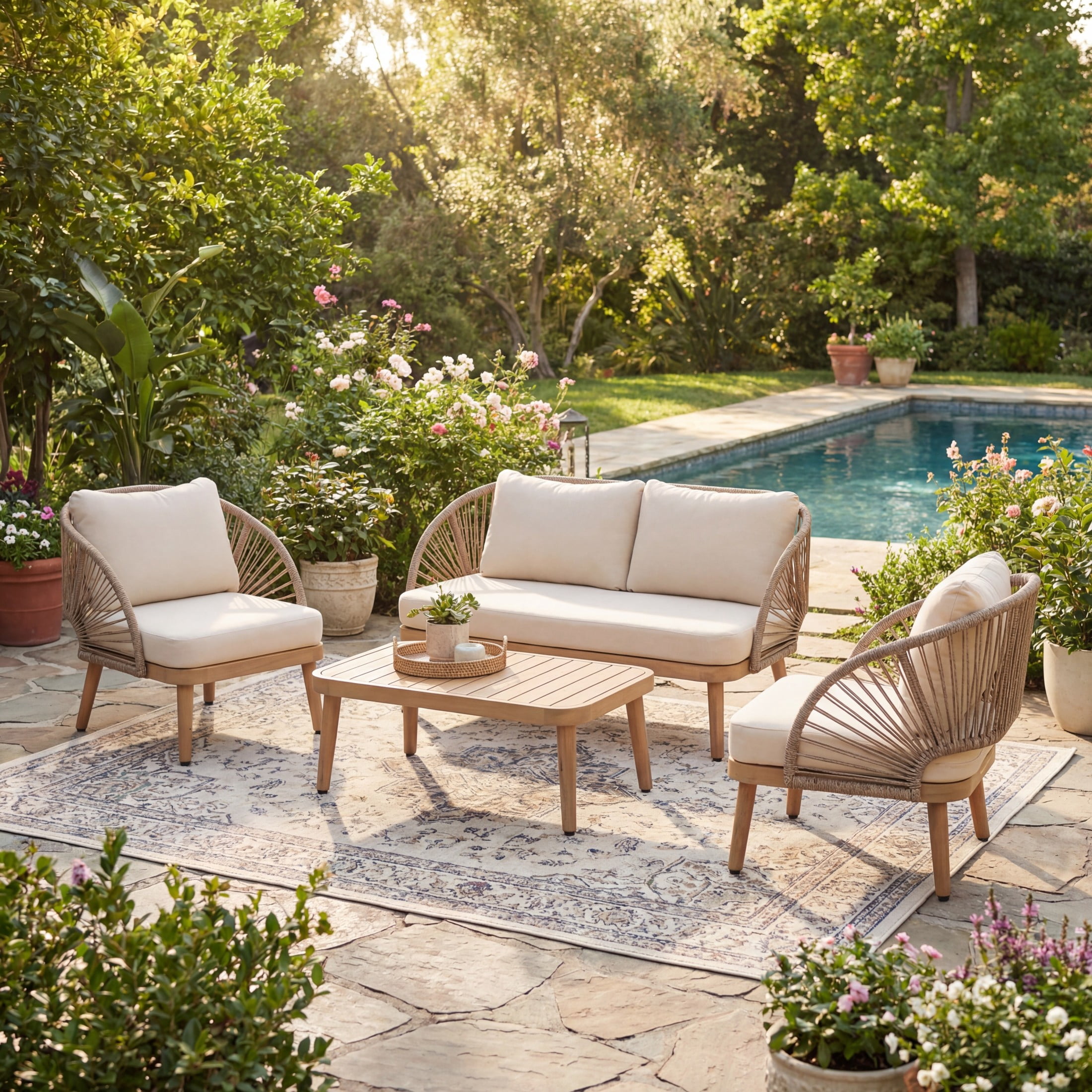 Christopher Knight Home Bohemian 4-Piece Acacia Wood Patio Set, Handwoven Rope Back, Light Teak