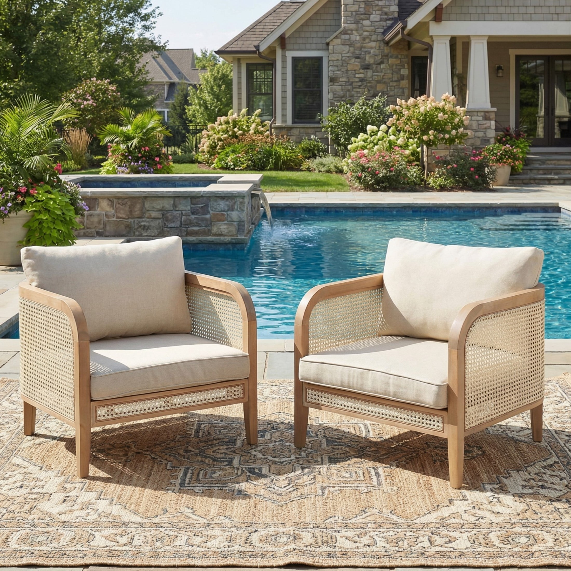 Christopher Knight Home Bohemian Outdoor White Wicker Lounge Chair with Cushion, Solid Wood Frame, Natural, Set of 2