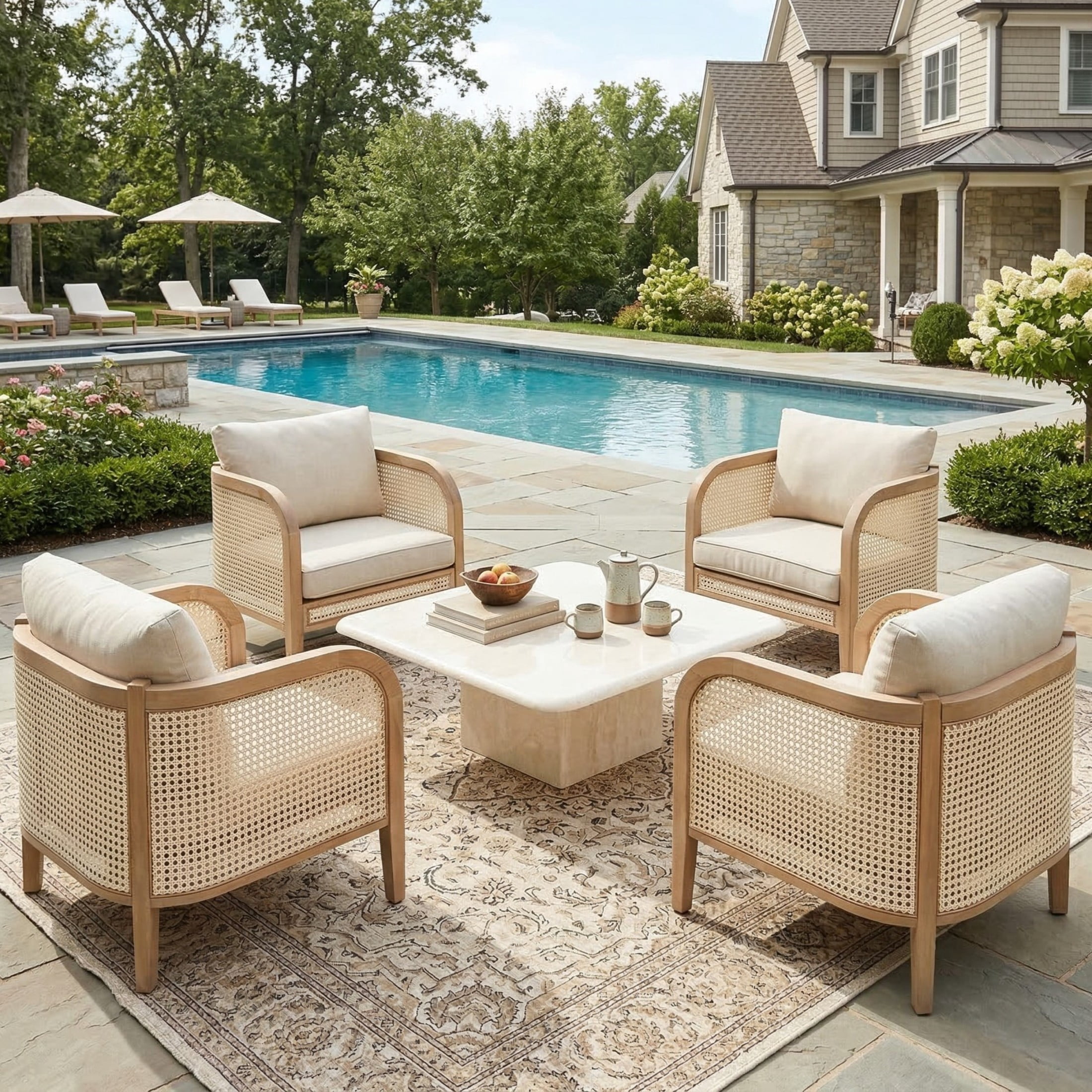 Christopher Knight Home Bohemian Outdoor White Wicker Lounge Chair with Cushion, Solid Wood Frame, Natural, Set of 4